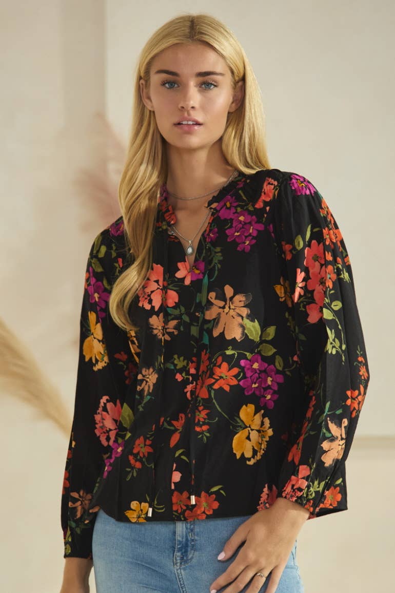 Floral Printed Long Sleeve Blouse: Black Multi
