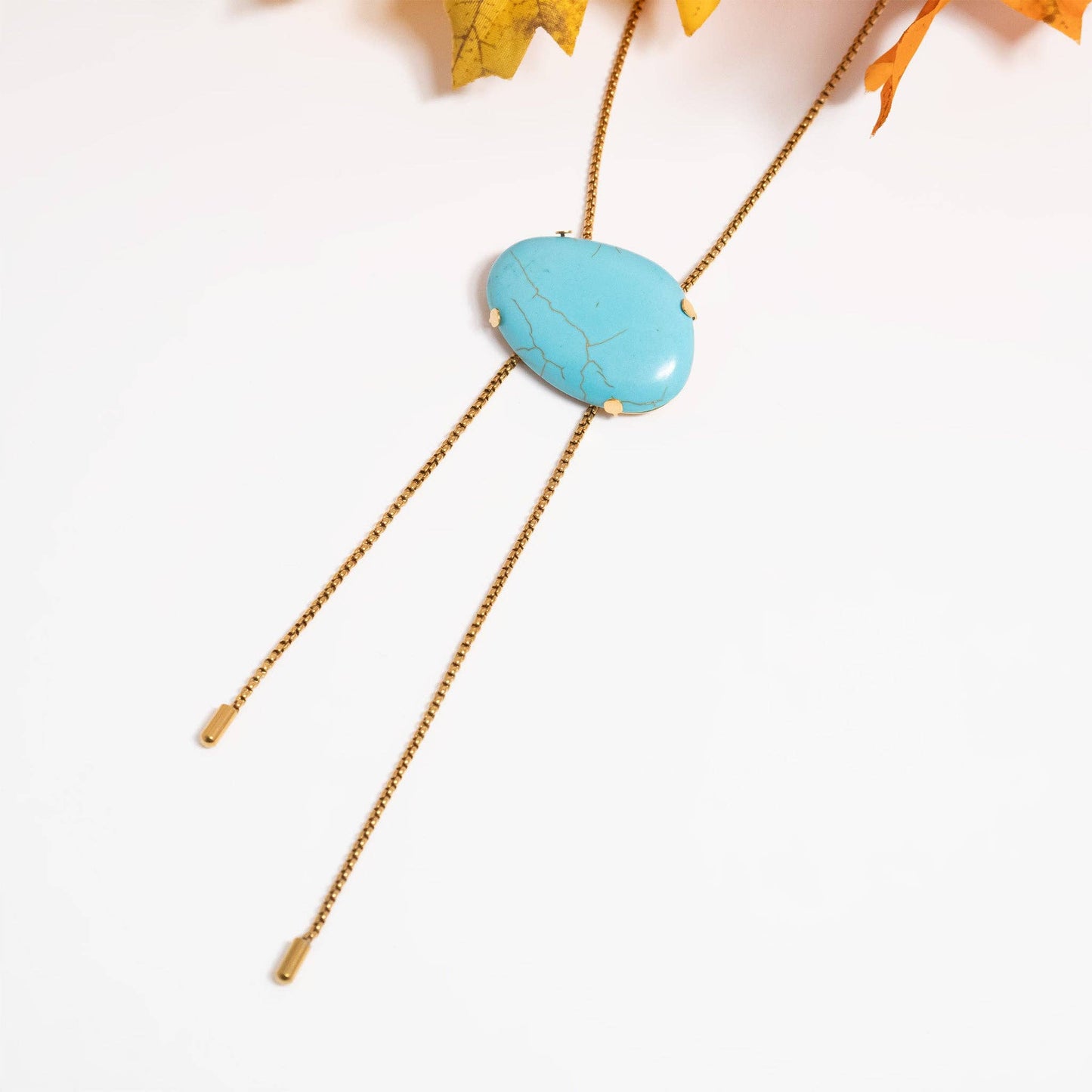 18K Gold Stainless Steel Turquoise Charm Bolo Necklace: Gold