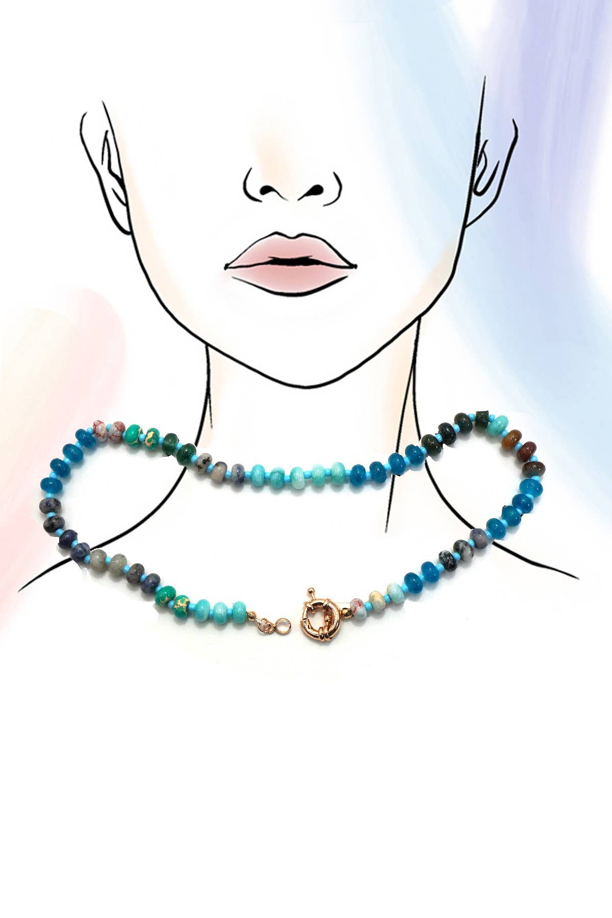 NATURAL STONE CHARM SPRING CLASP BEADED NECKLACE: Blue