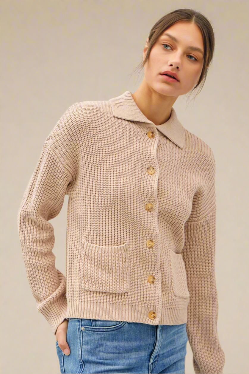 CHUNKY BUTTON UP COLLARED COTTON BLEND CARDIGAN: Taupe