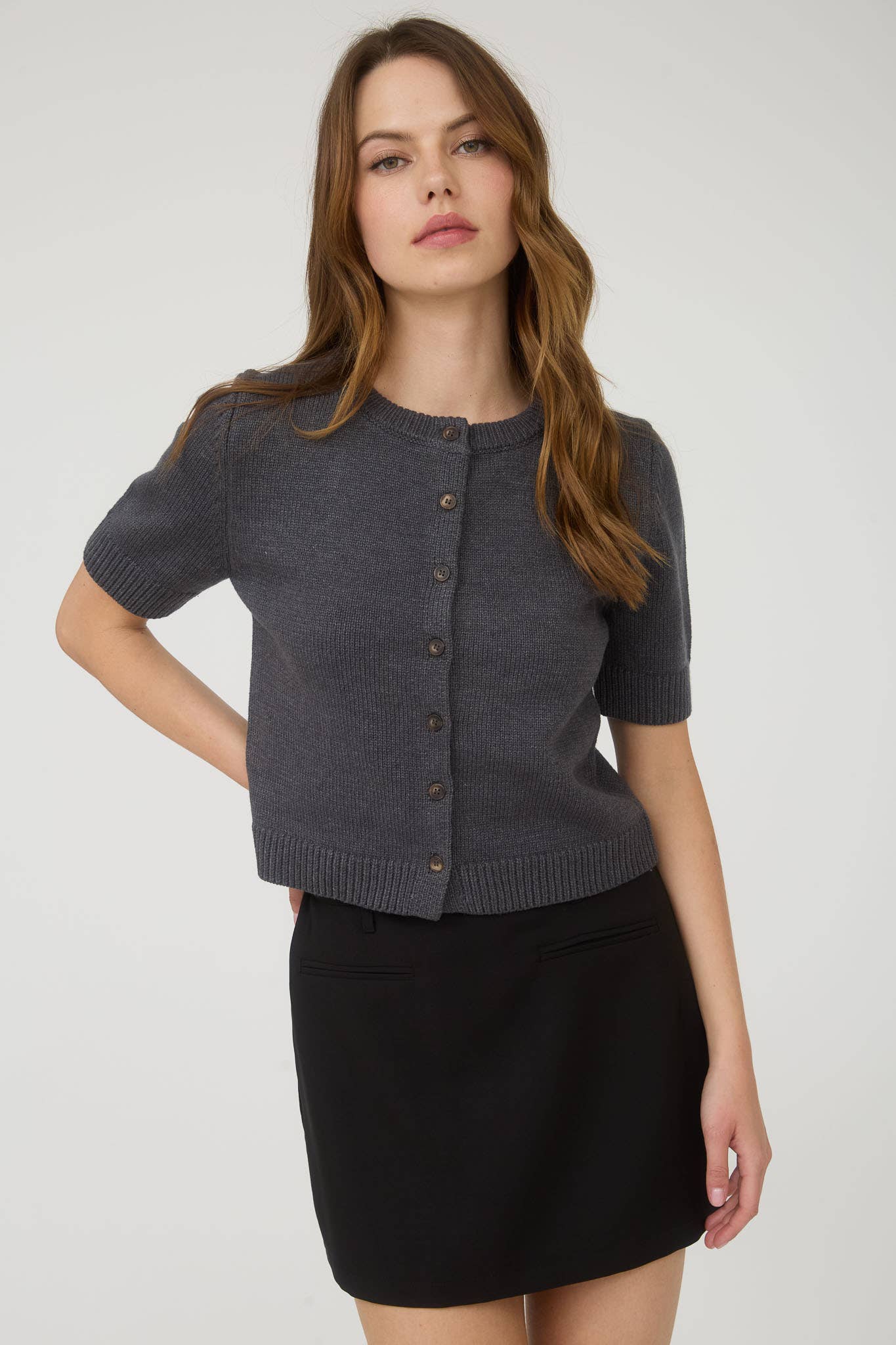 Allison Short Sleeve Knit Cardigan Top: Dark Grey
