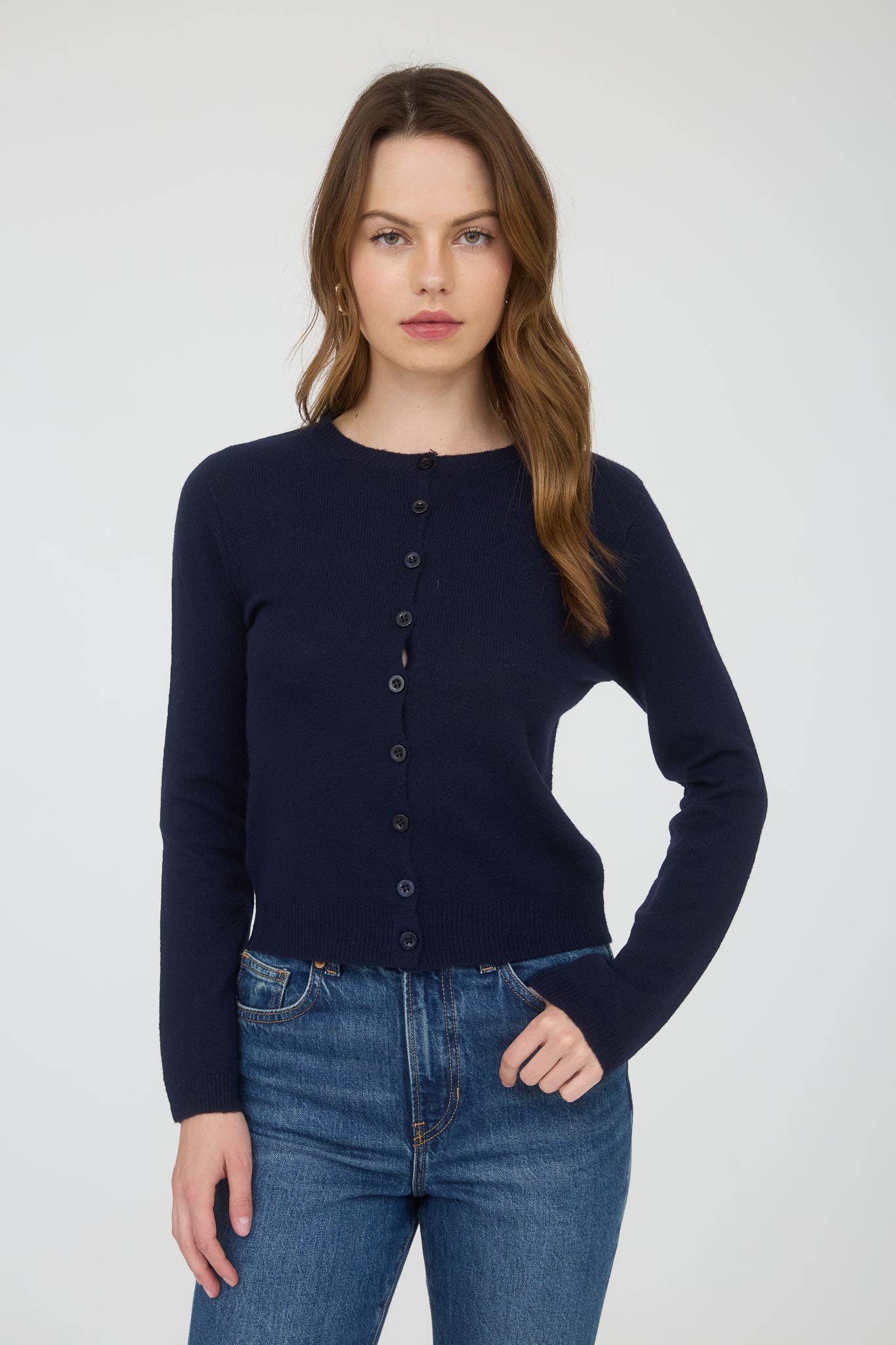 Cecilia Round Neck Button Down Long Sleeve Cardigan: Navy