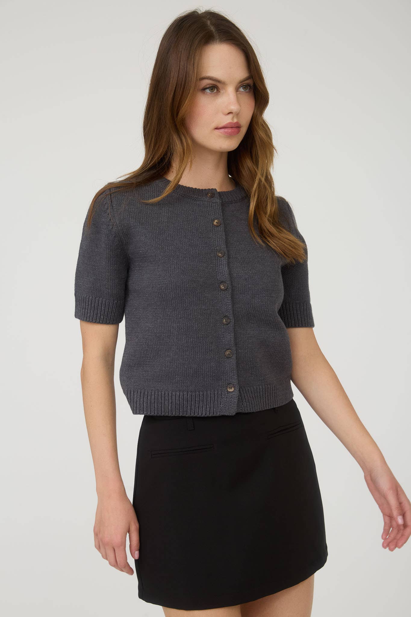 Allison Short Sleeve Knit Cardigan Top: Dark Grey