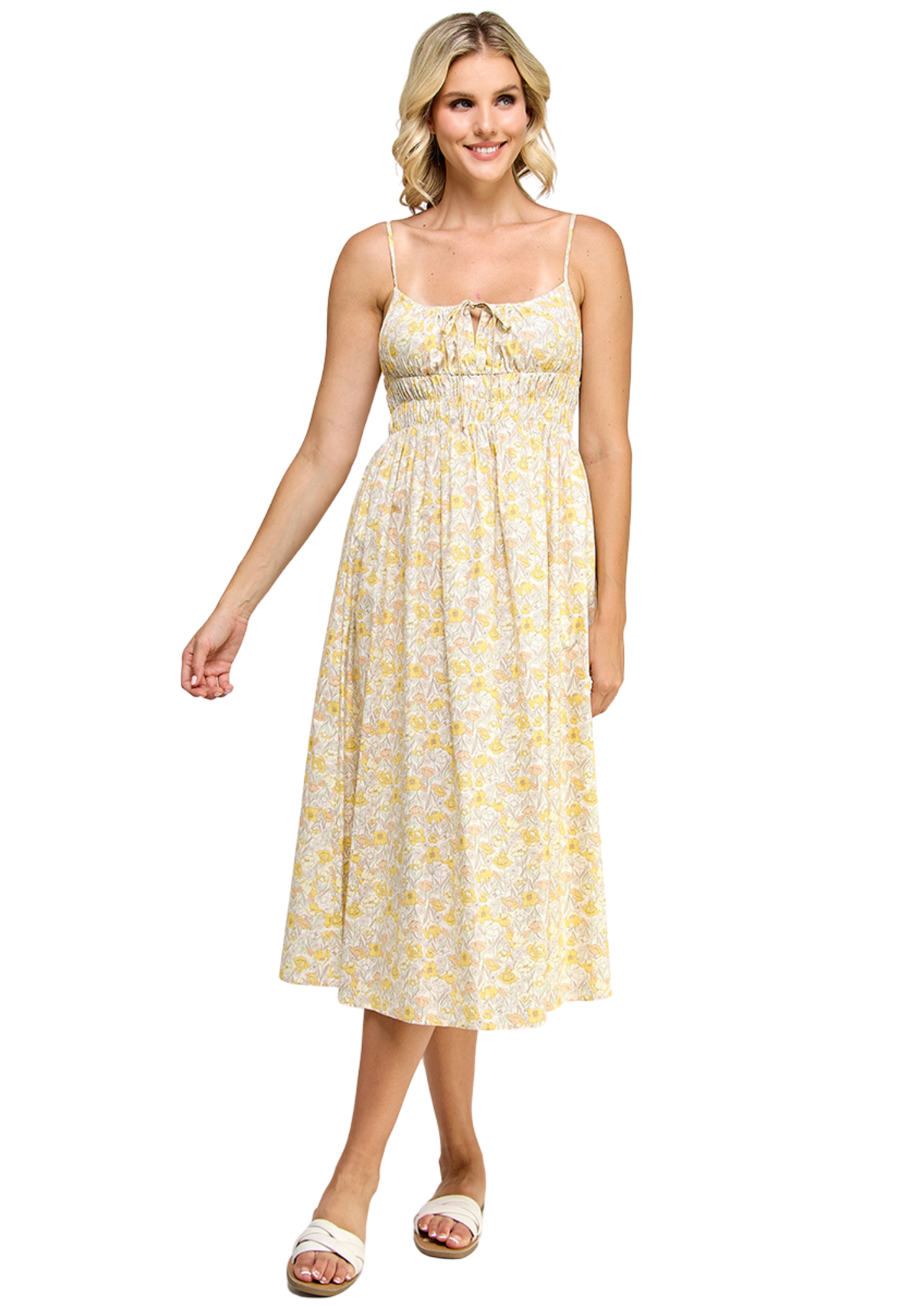 Yellow Poppies Print Olivia Sleeveless Midi Dress