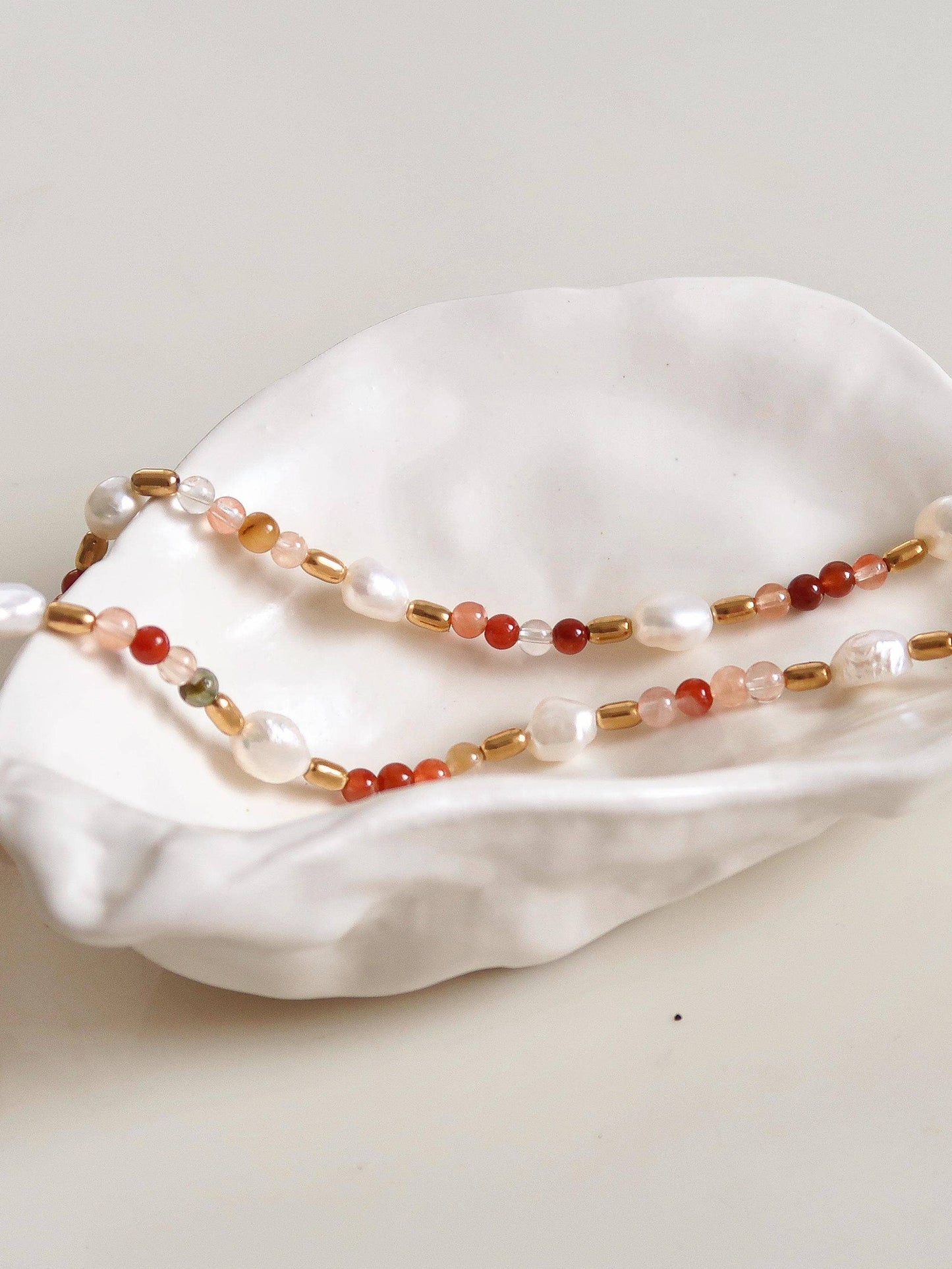 18K Bohemian Handmade Stone and Bead Bracelet: Jolin-Rose