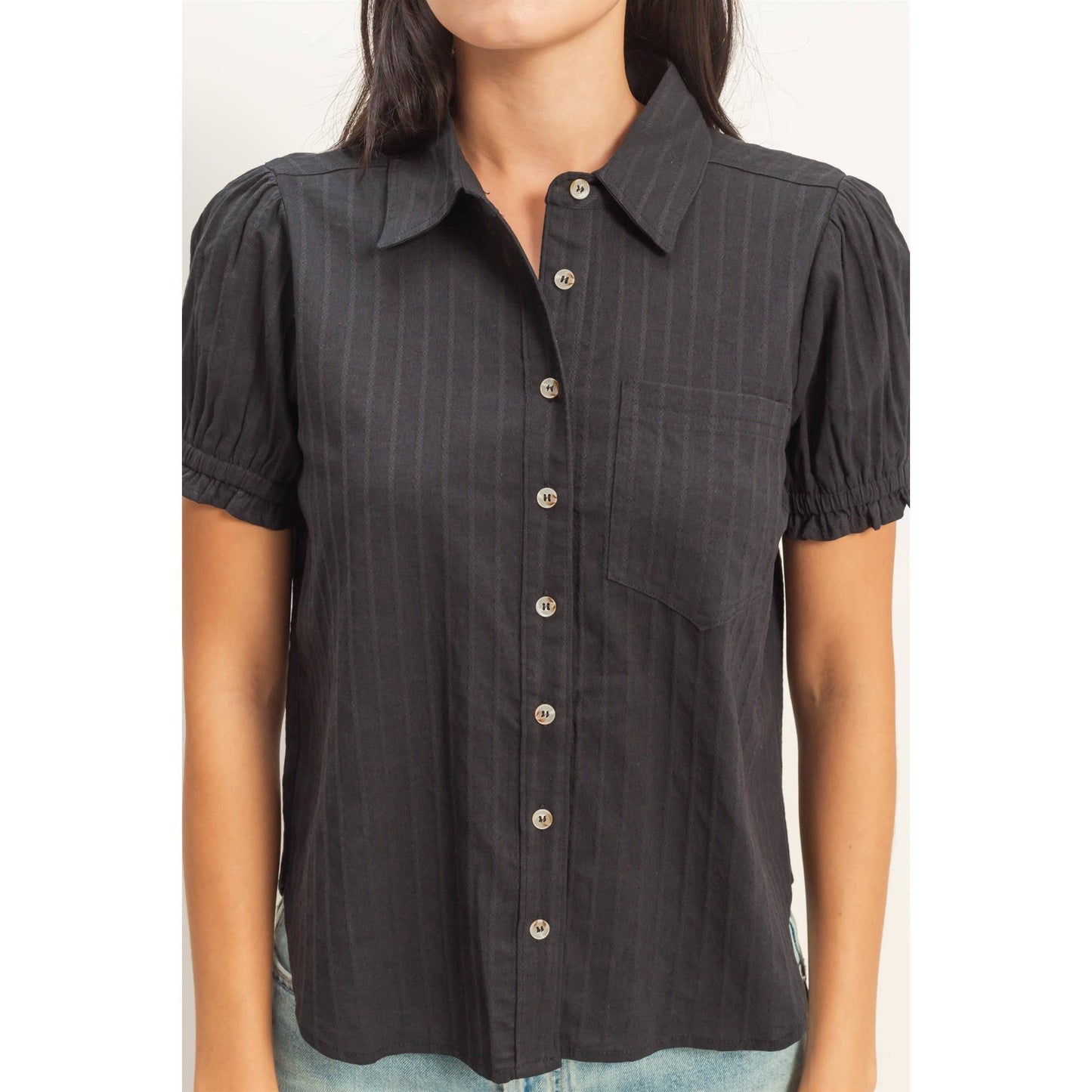 Carmen Button-Up Puff Short Sleeve Shirt: BLACK