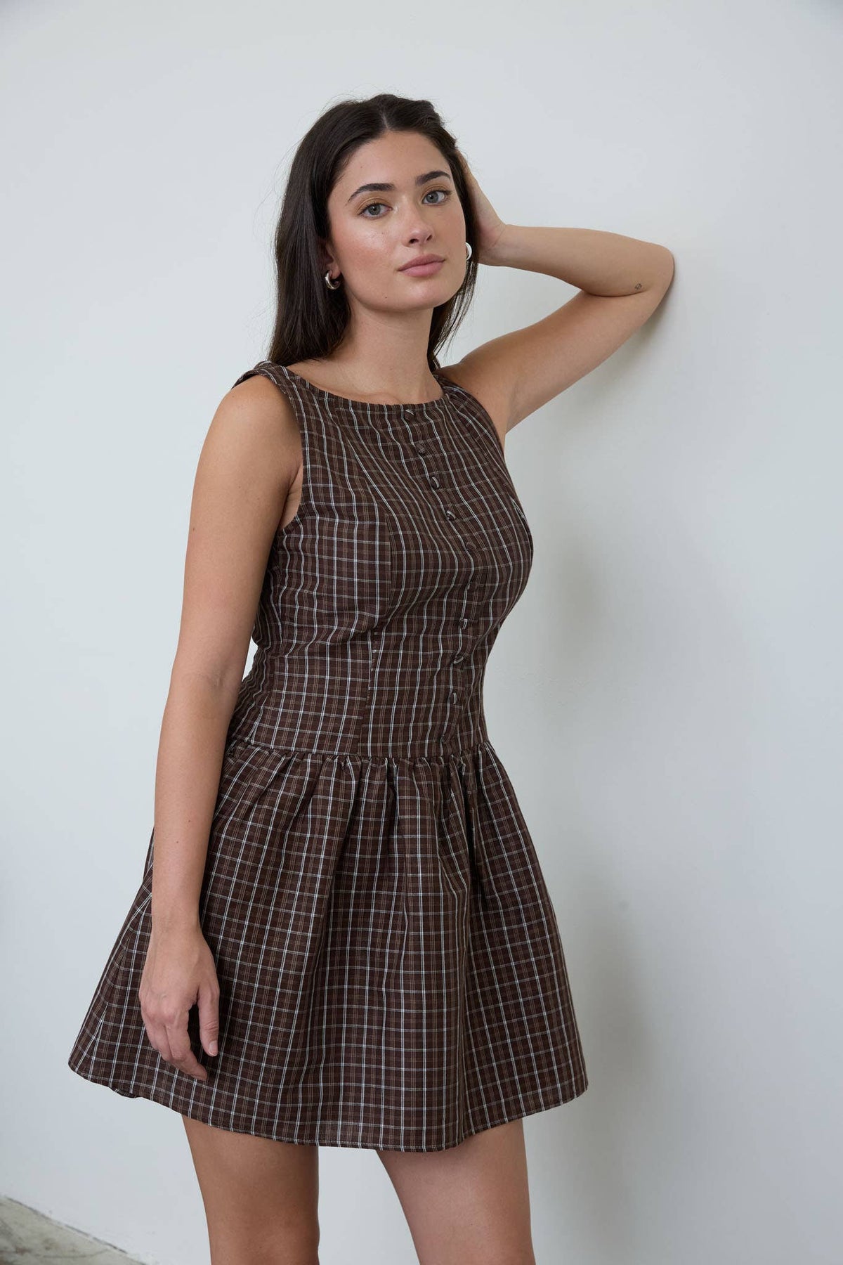 Remi Plaid Boat Neck Mini Dress: Brown Plaid