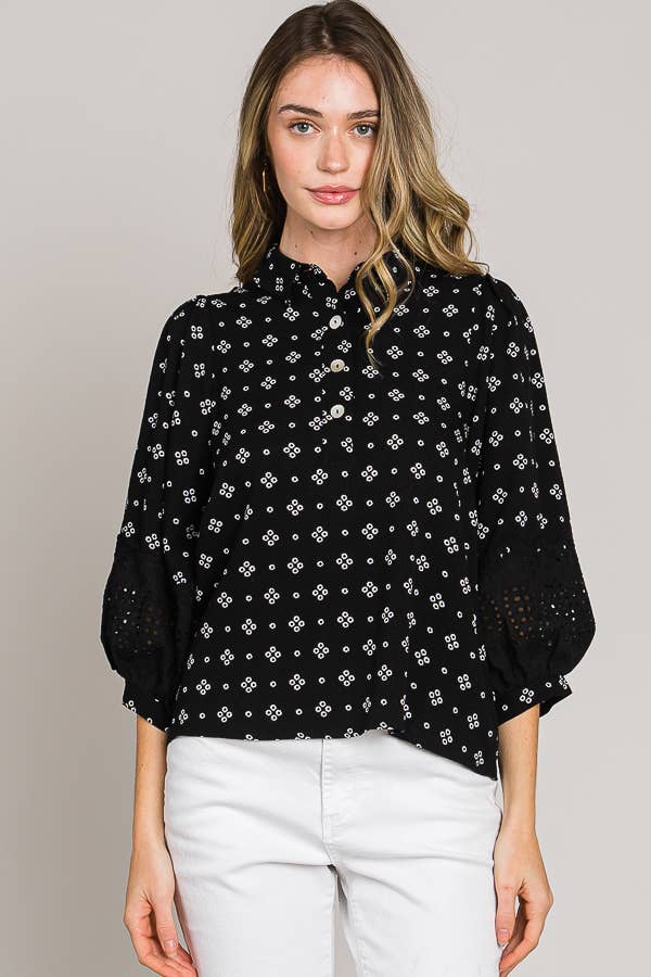 Esme Bracelet Sleeve with Eyelet lace trim blouse: Black