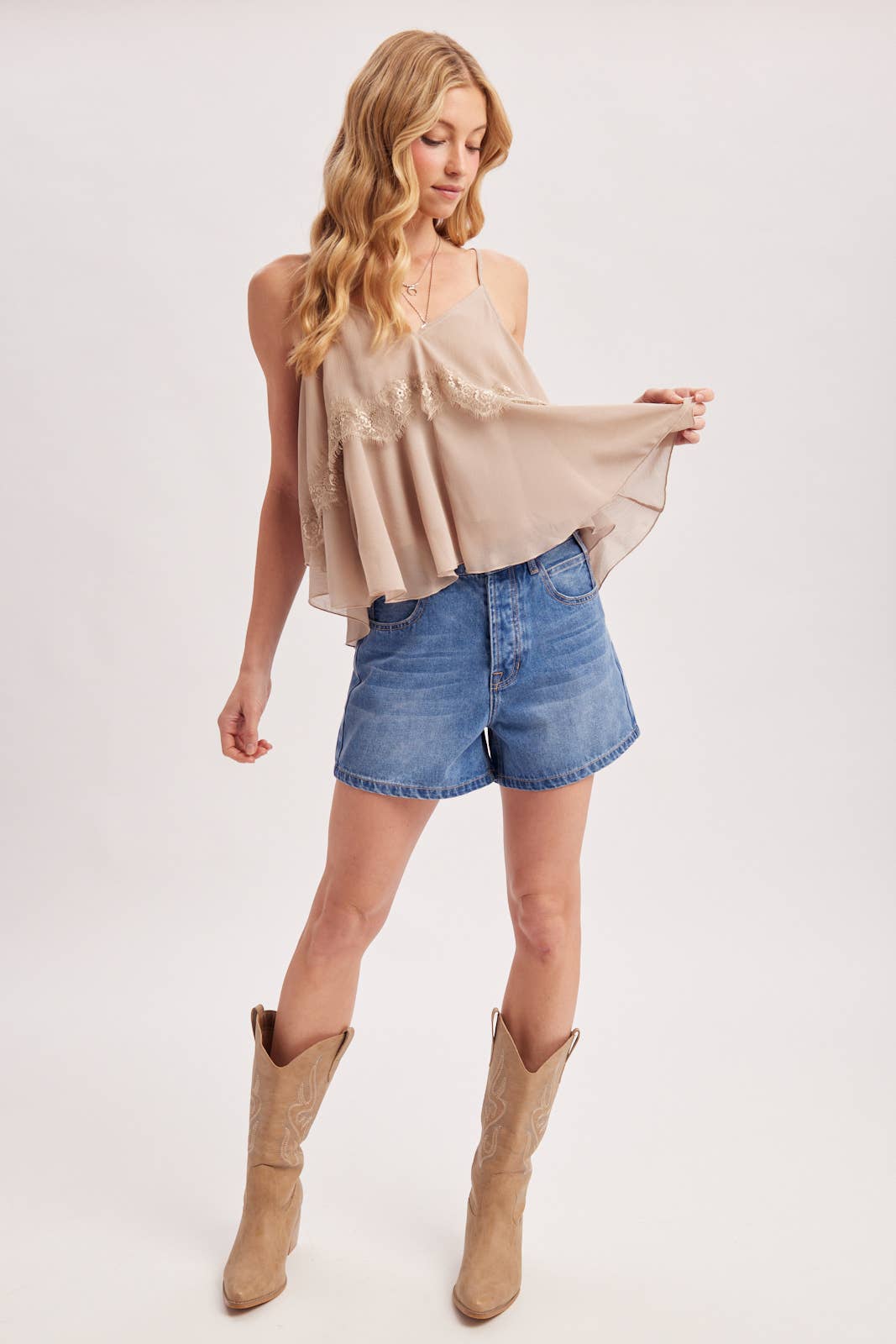 Audra Lace Trimmed V-Neck Layer Camisole Top: Beige