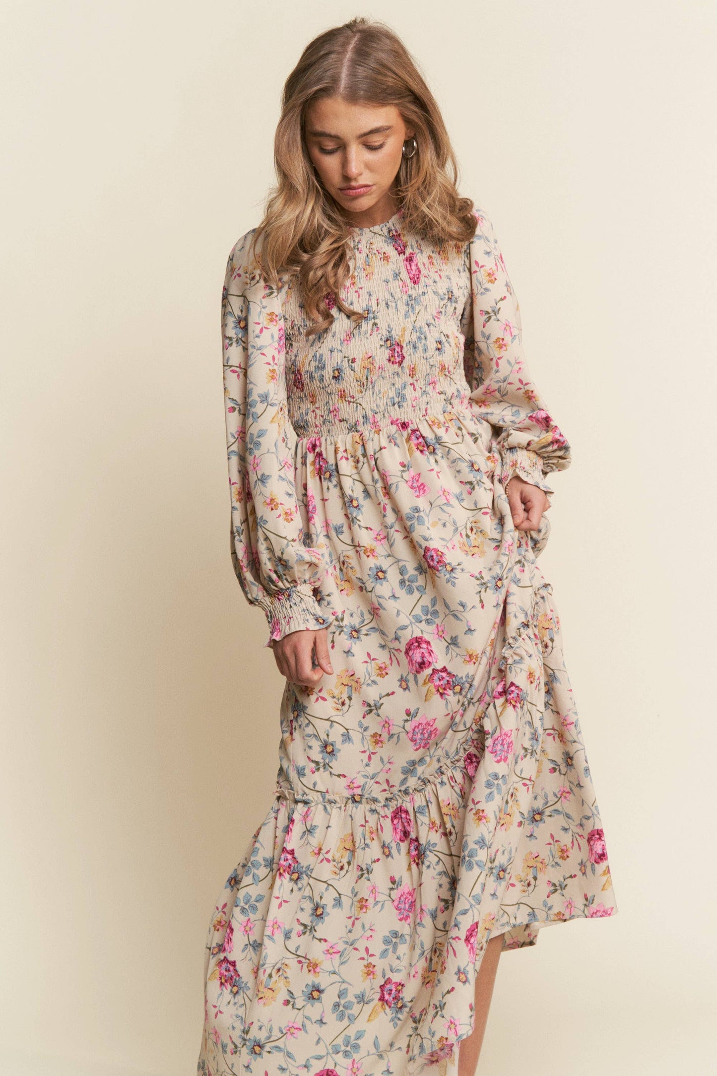 Rosie Floral Print Smocked Tiered Maxi Dress
