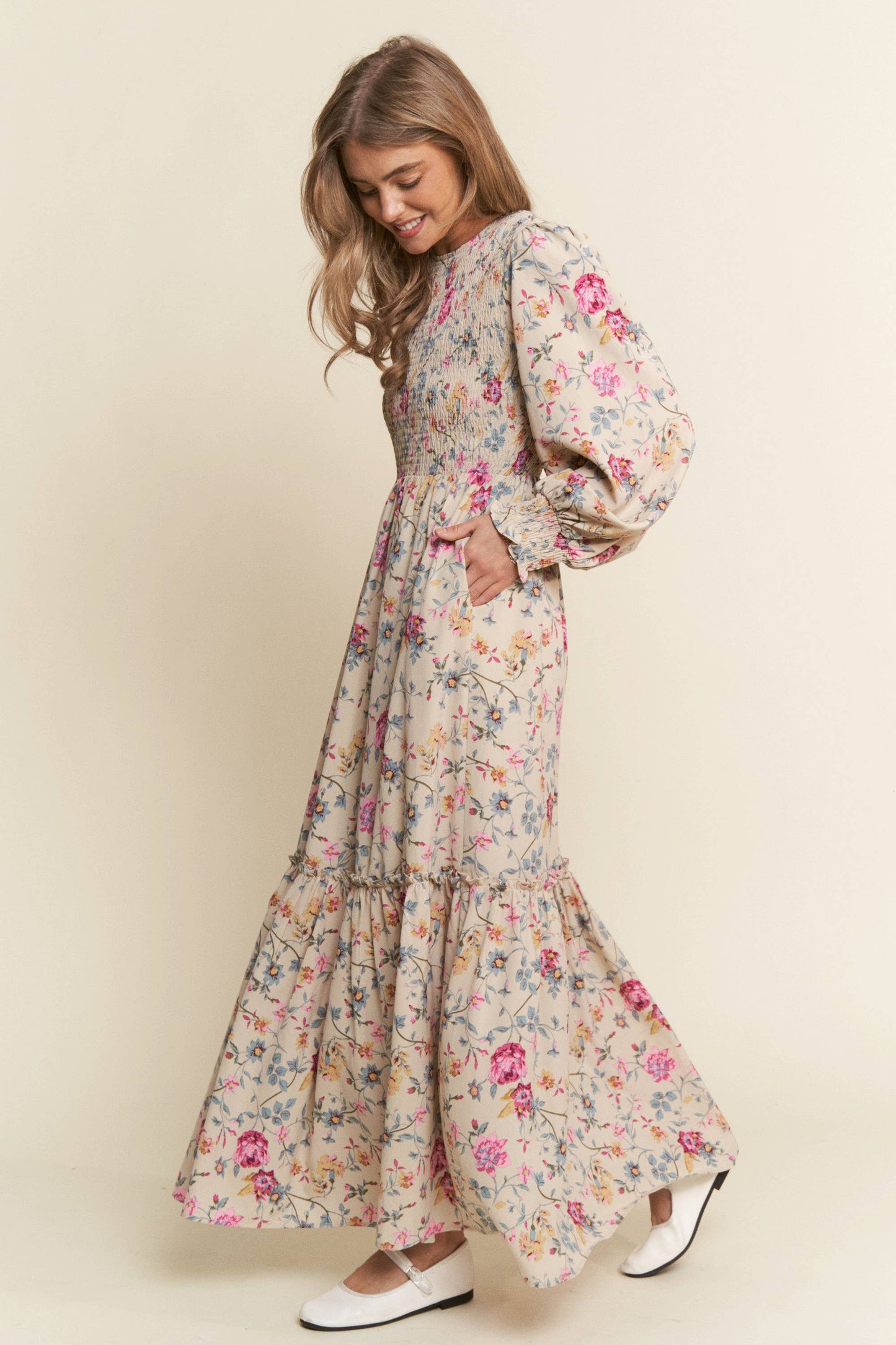 Rosie Floral Print Smocked Tiered Maxi Dress