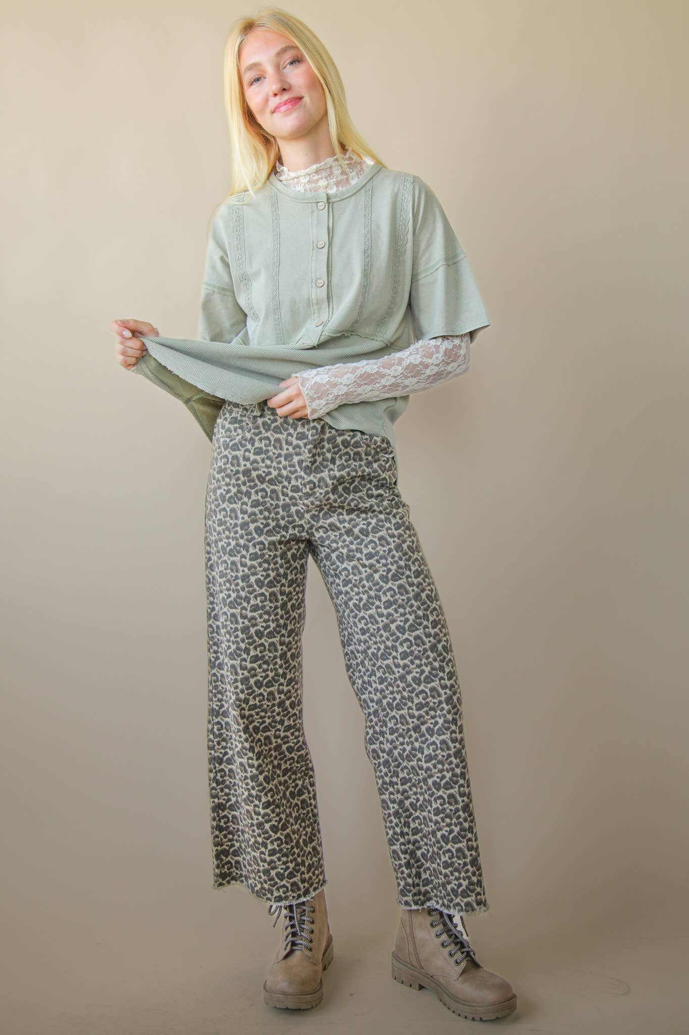 Tara Leopard Printed Marine Straight Pants: MOCHA