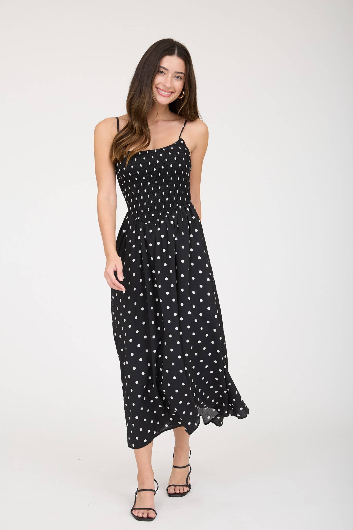 Ethel Polka Dot Smocked Basque Waist Midi Dress: Black