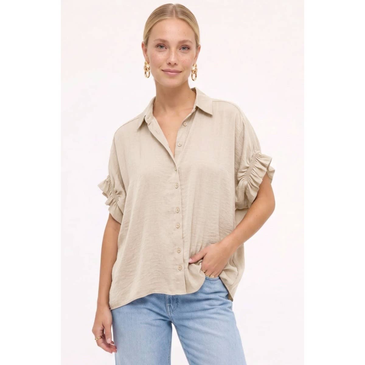 Sloane Ruffle-Sleeve Satin Button-Up Blouse: Chocolate