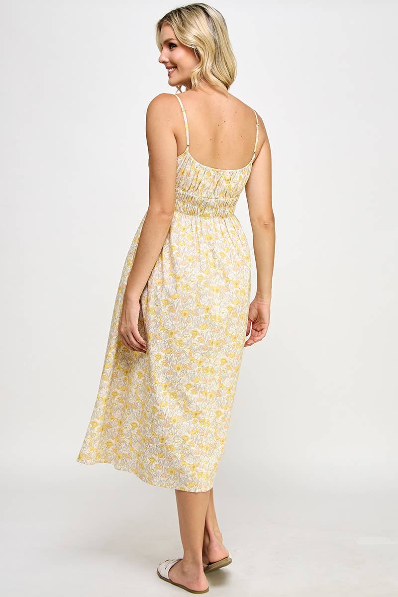 Yellow Poppies Print Olivia Sleeveless Midi Dress