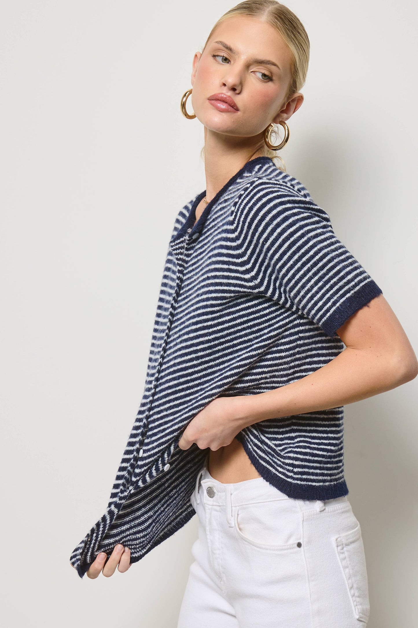 Mae Striped Short Sleeve Button Cardigan: Navy