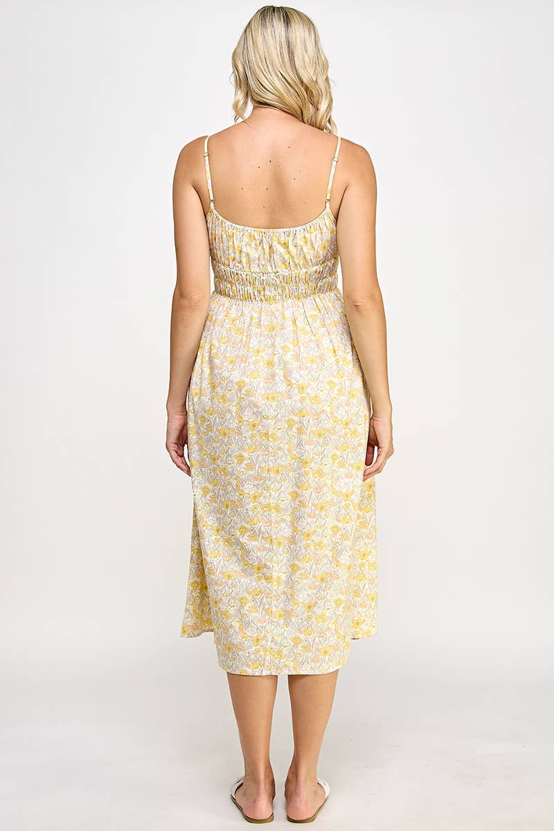 Yellow Poppies Print Olivia Sleeveless Midi Dress