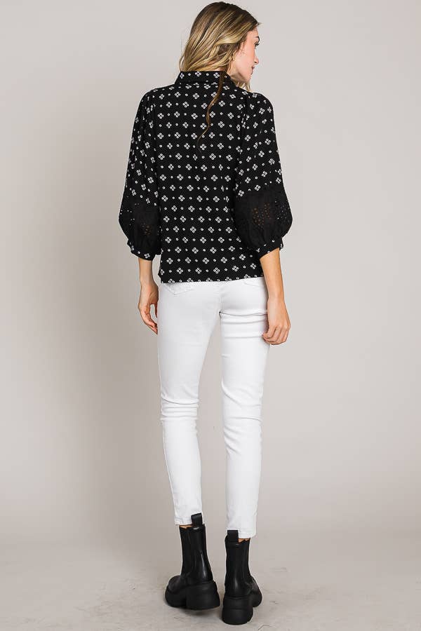 Esme Bracelet Sleeve with Eyelet lace trim blouse: Black