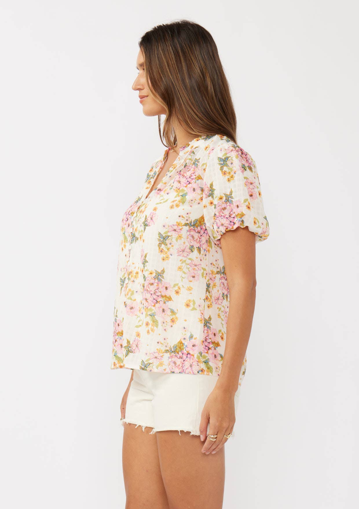 Petal Puff Sleeve Button-Down Top: Natural/Dusty Pink