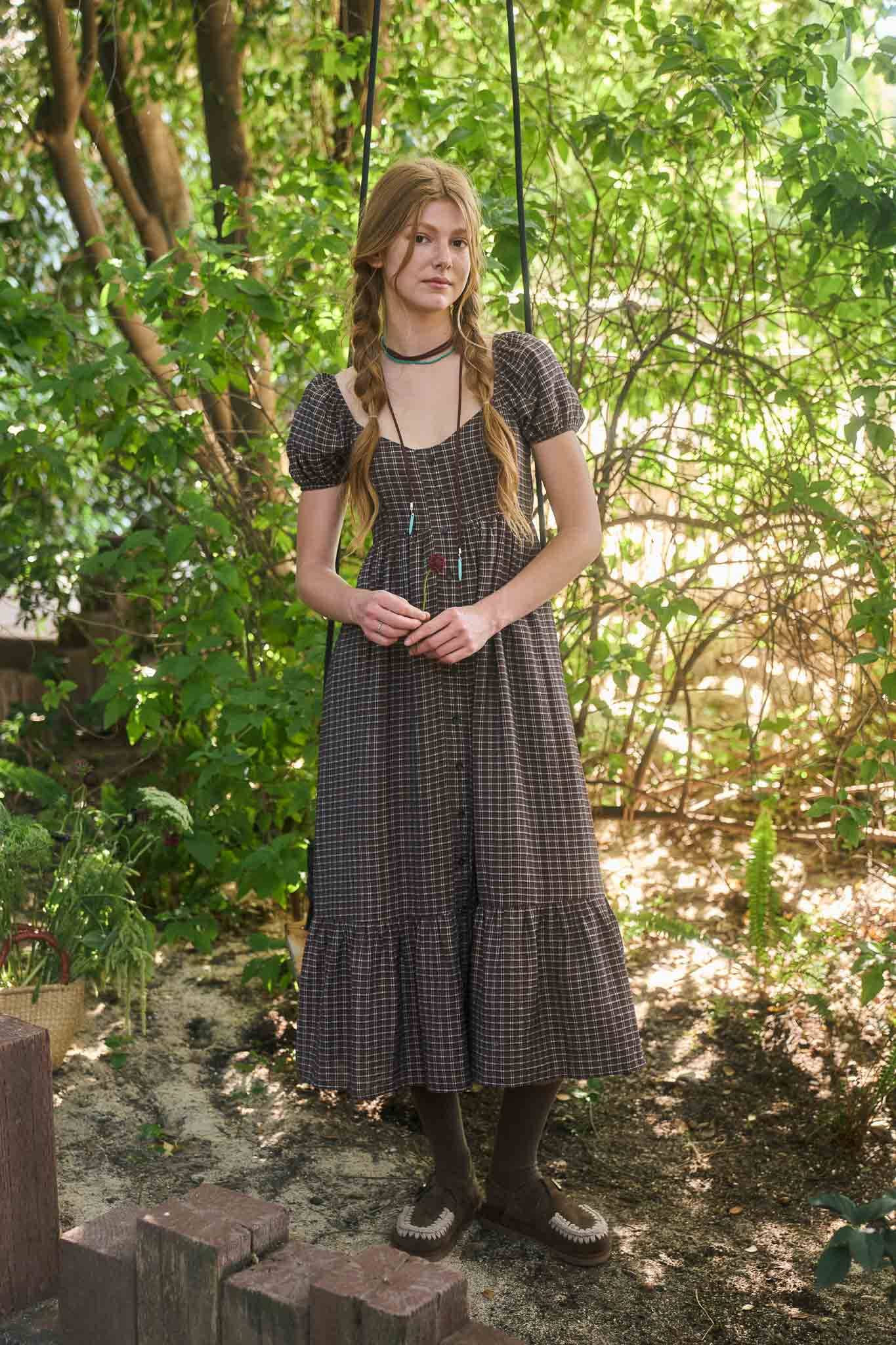 Pecan Plaid Puff Sleeve Button Down Maxi Dress