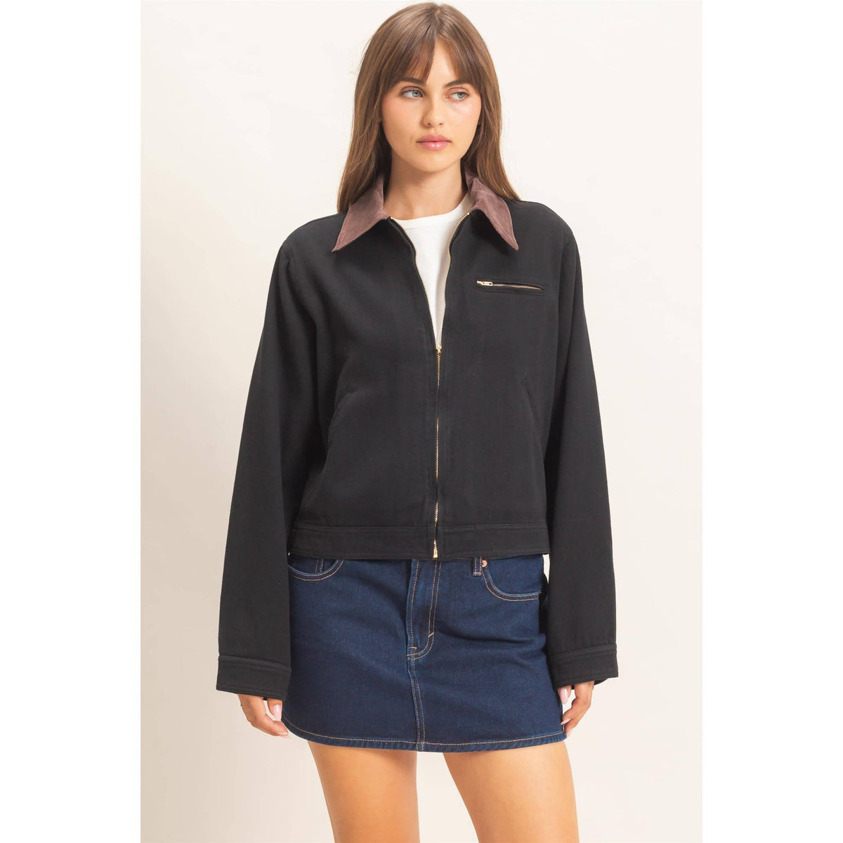Twill Jacket With Corduroy Collar: DARK TAUPE