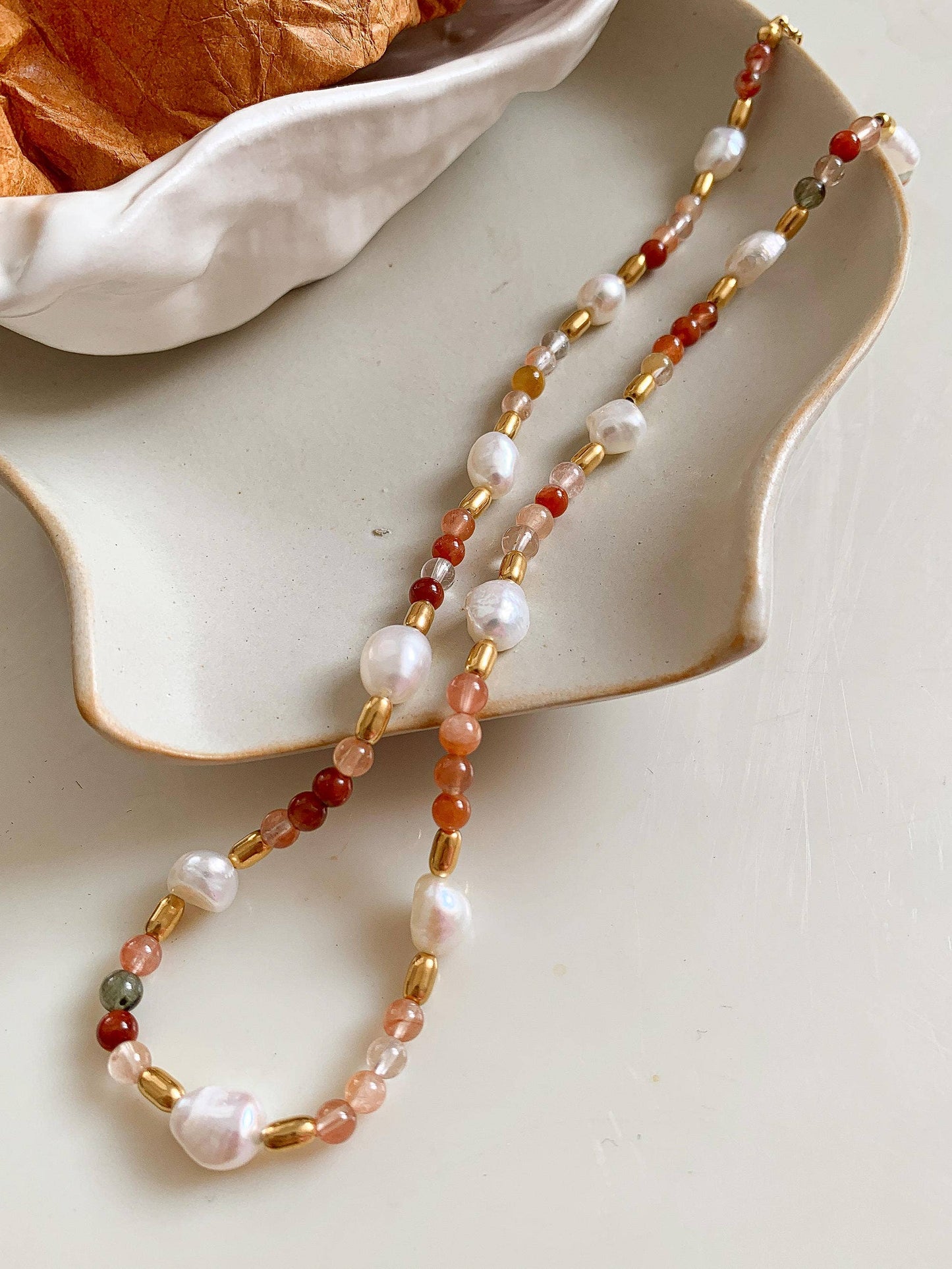 18K Bohemian Handmade Rose Pearl and Bead Necklace: Josephine-Rose