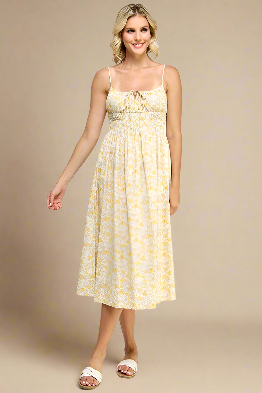 Yellow Poppies Print Olivia Sleeveless Midi Dress