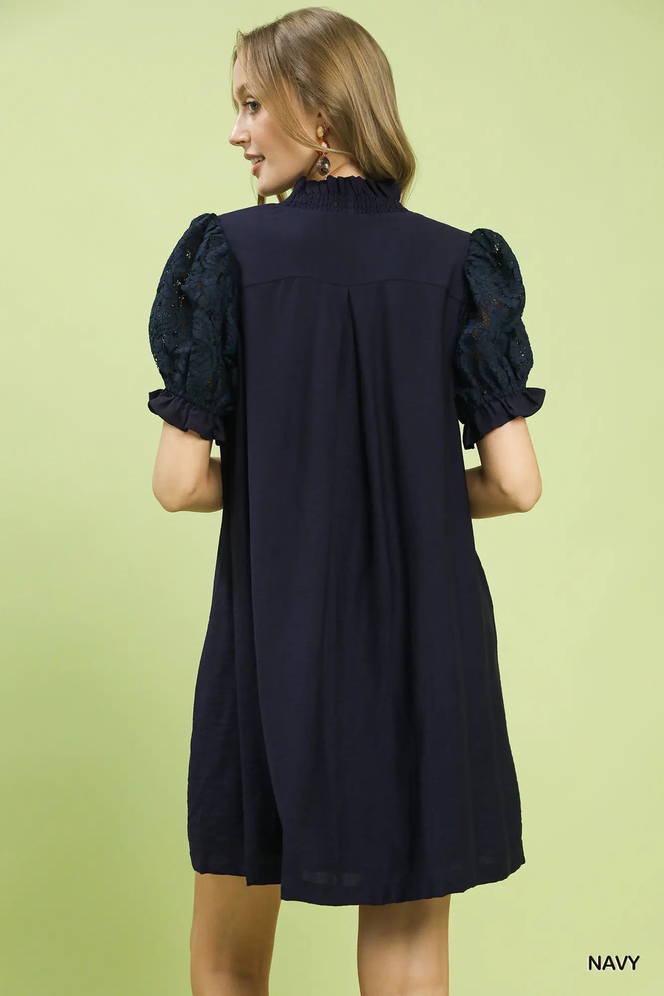 Lory Lace Puff Sleeve Smocked V-Neck Babydoll Dress: Navy