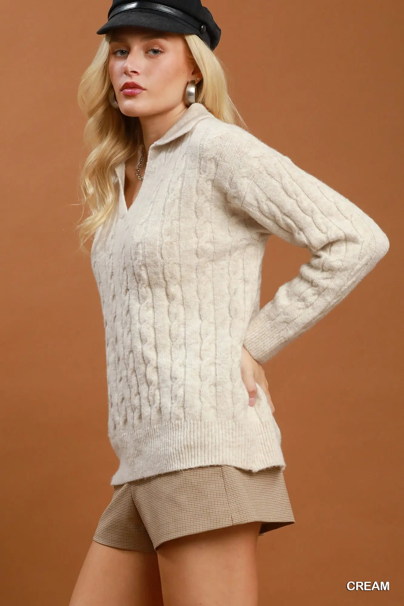 Gilmore Cable Knit Collared V-Neck Sweater