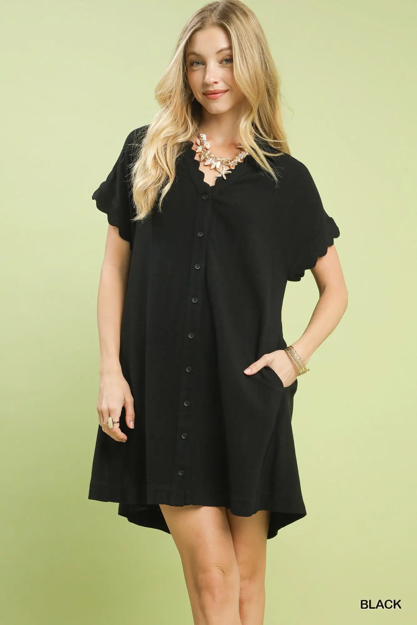 Little Black Dress Linen Blend Scalloped Mini Dress