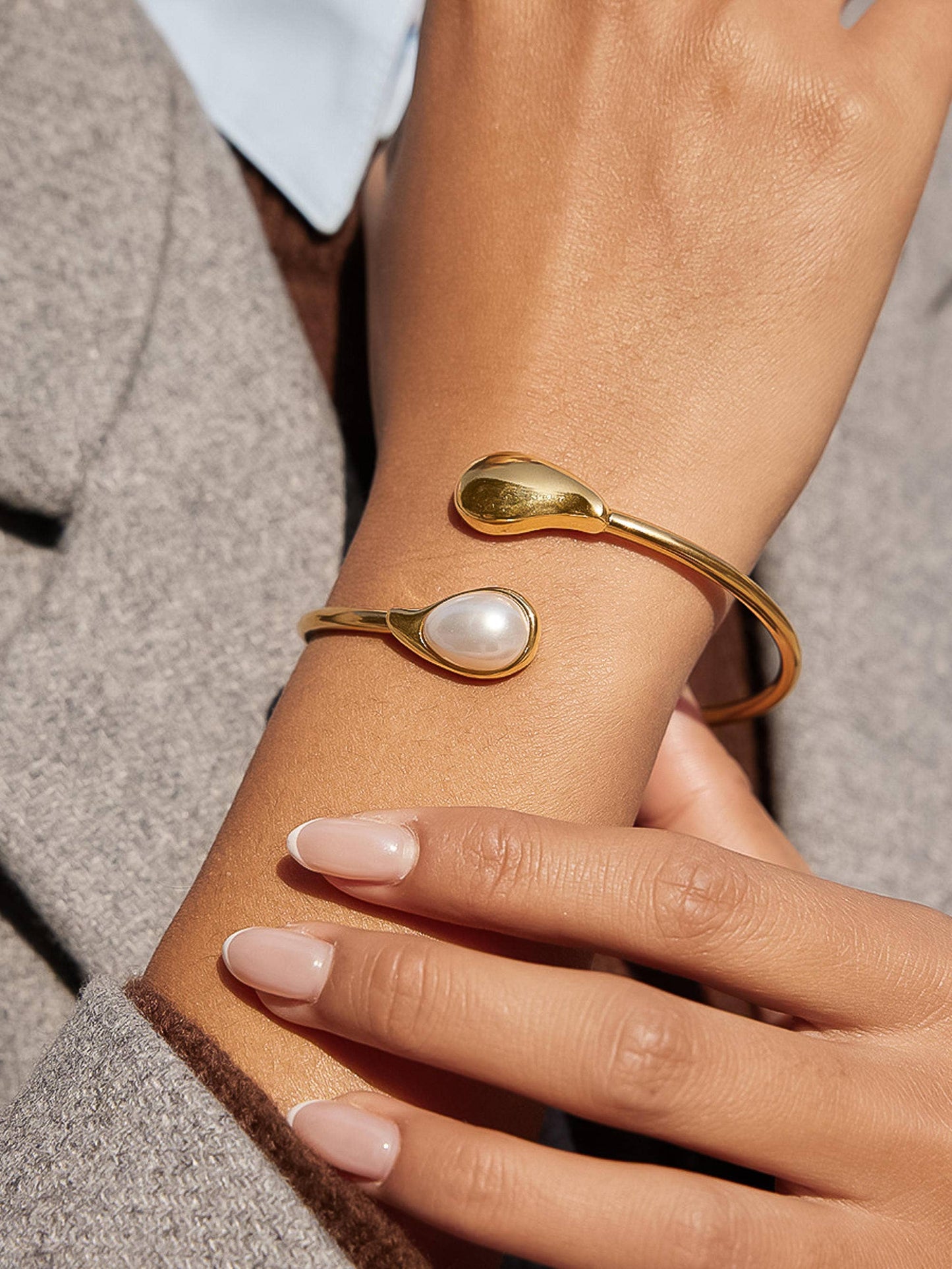 Harbor 18K Gold Non-Tarnish Open Cuff Stone Bracelet: White