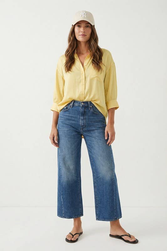 Foster Oversized 3/4 Sleeve Button Up Blouse: Pale Banana