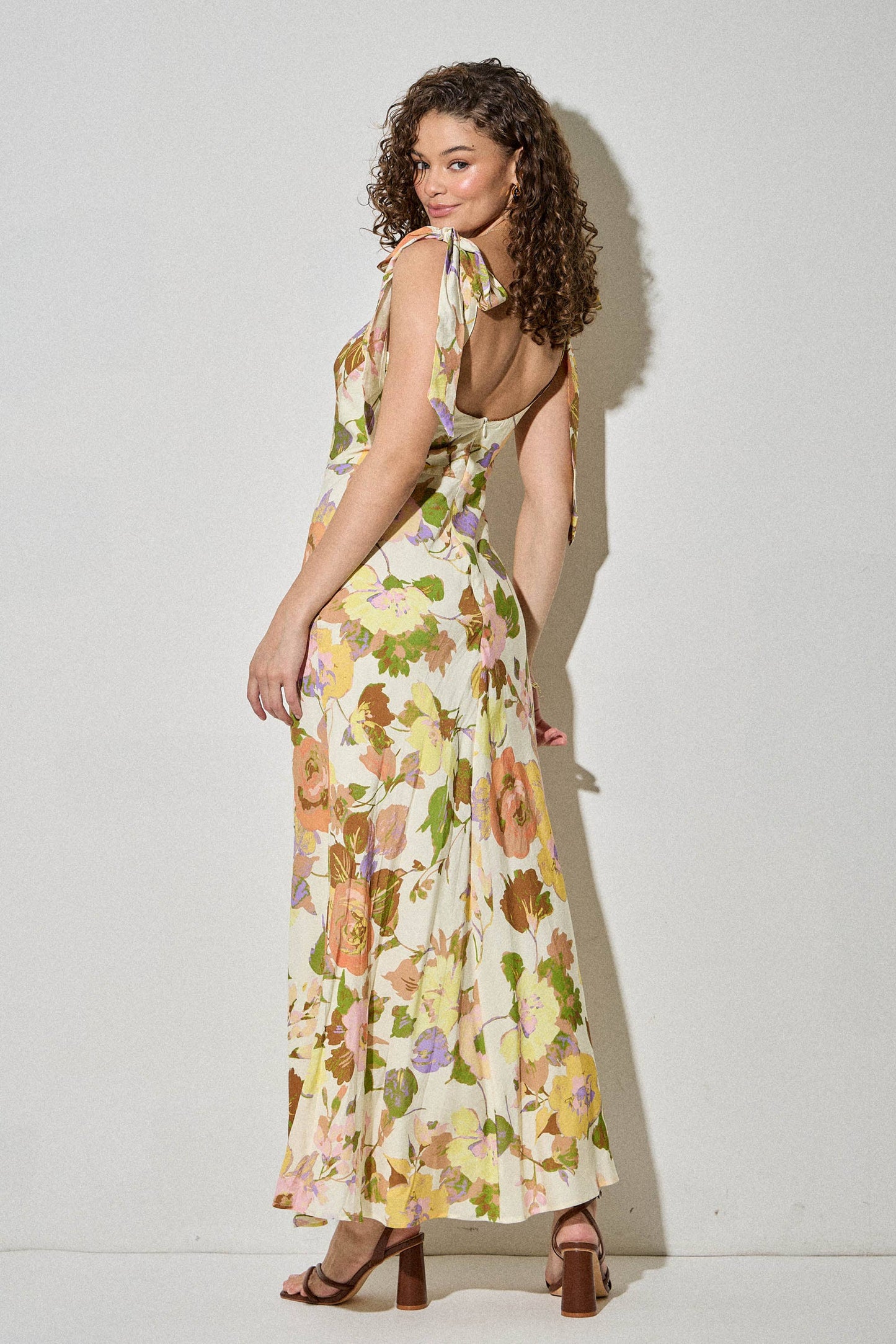 Bella Romantic Vintage Floral Summer Midi Dress with Tie Straps: CREAM ORANGE