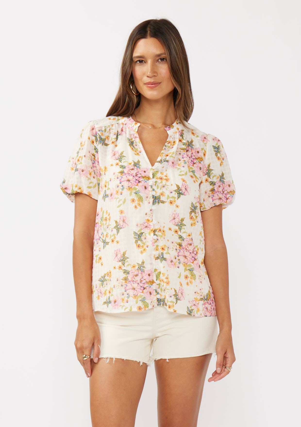 Petal Puff Sleeve Button-Down Top: Natural/Dusty Pink