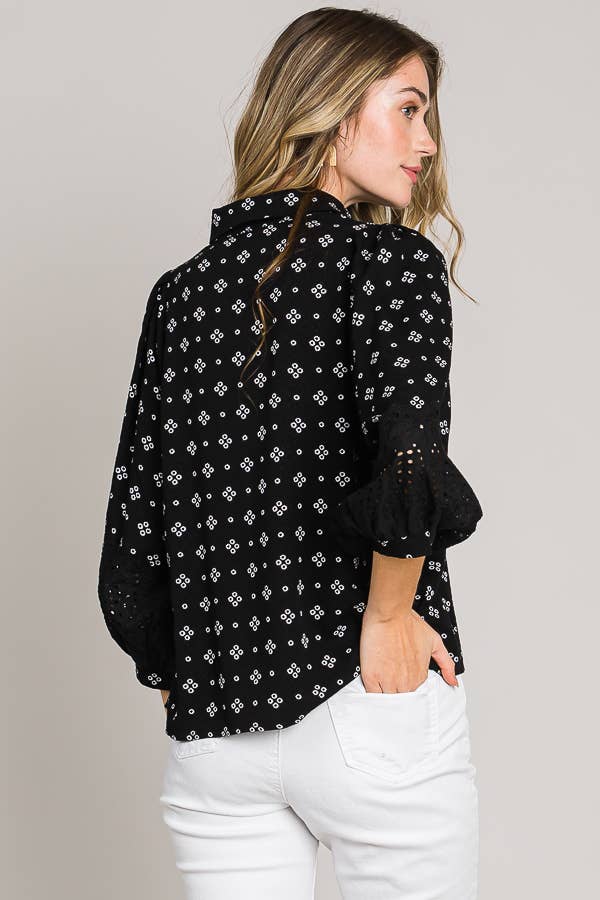 Esme Bracelet Sleeve with Eyelet lace trim blouse: Black