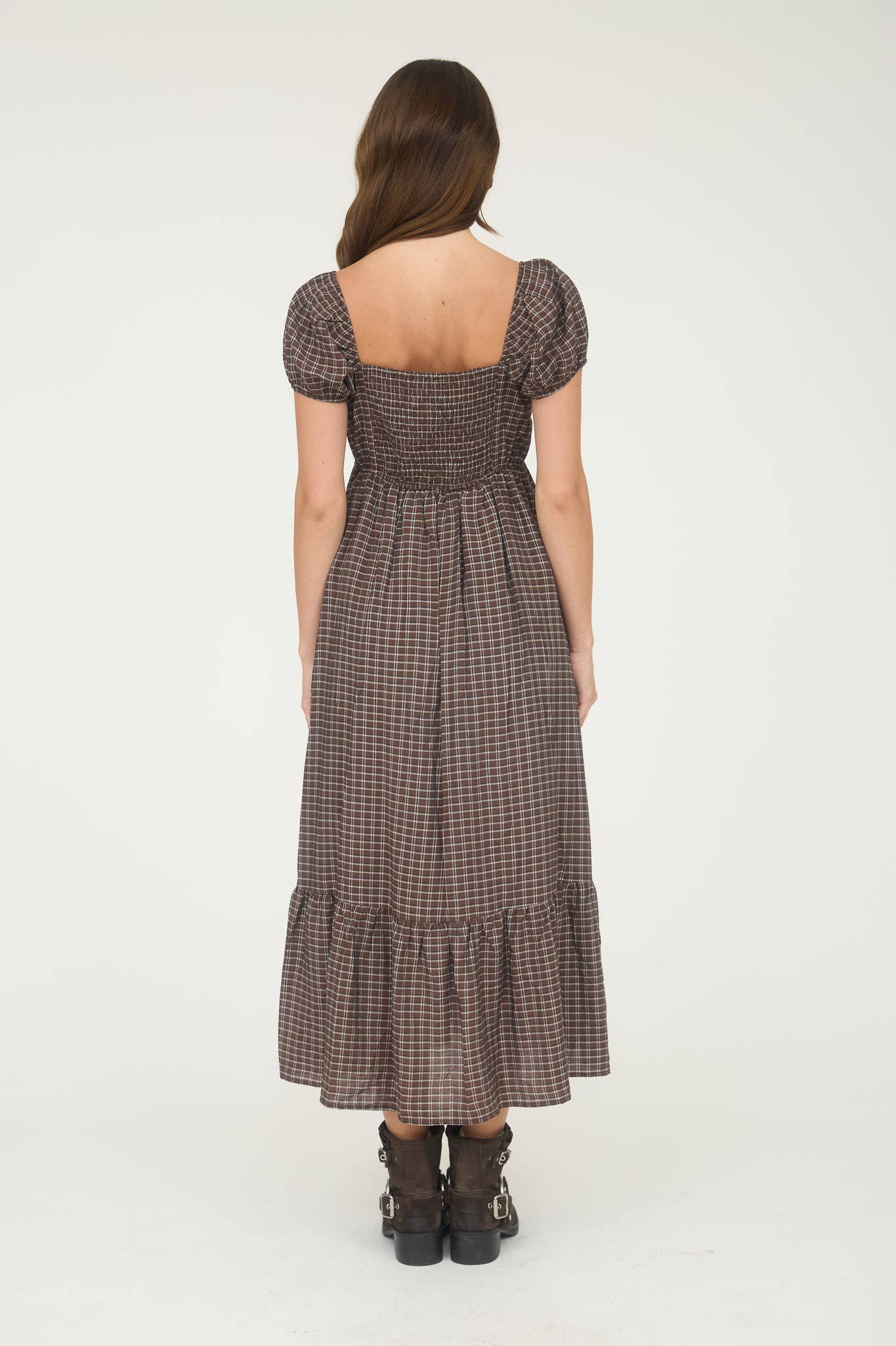 Pecan Plaid Puff Sleeve Button Down Maxi Dress