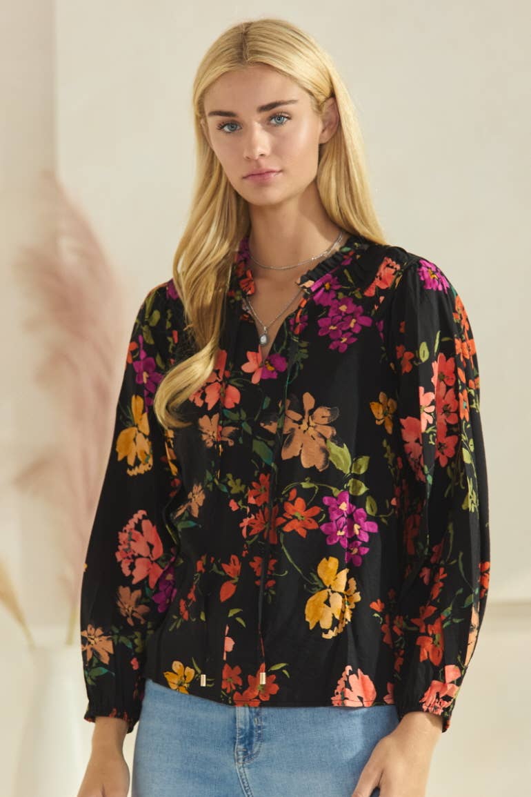 Floral Printed Long Sleeve Blouse: Black Multi