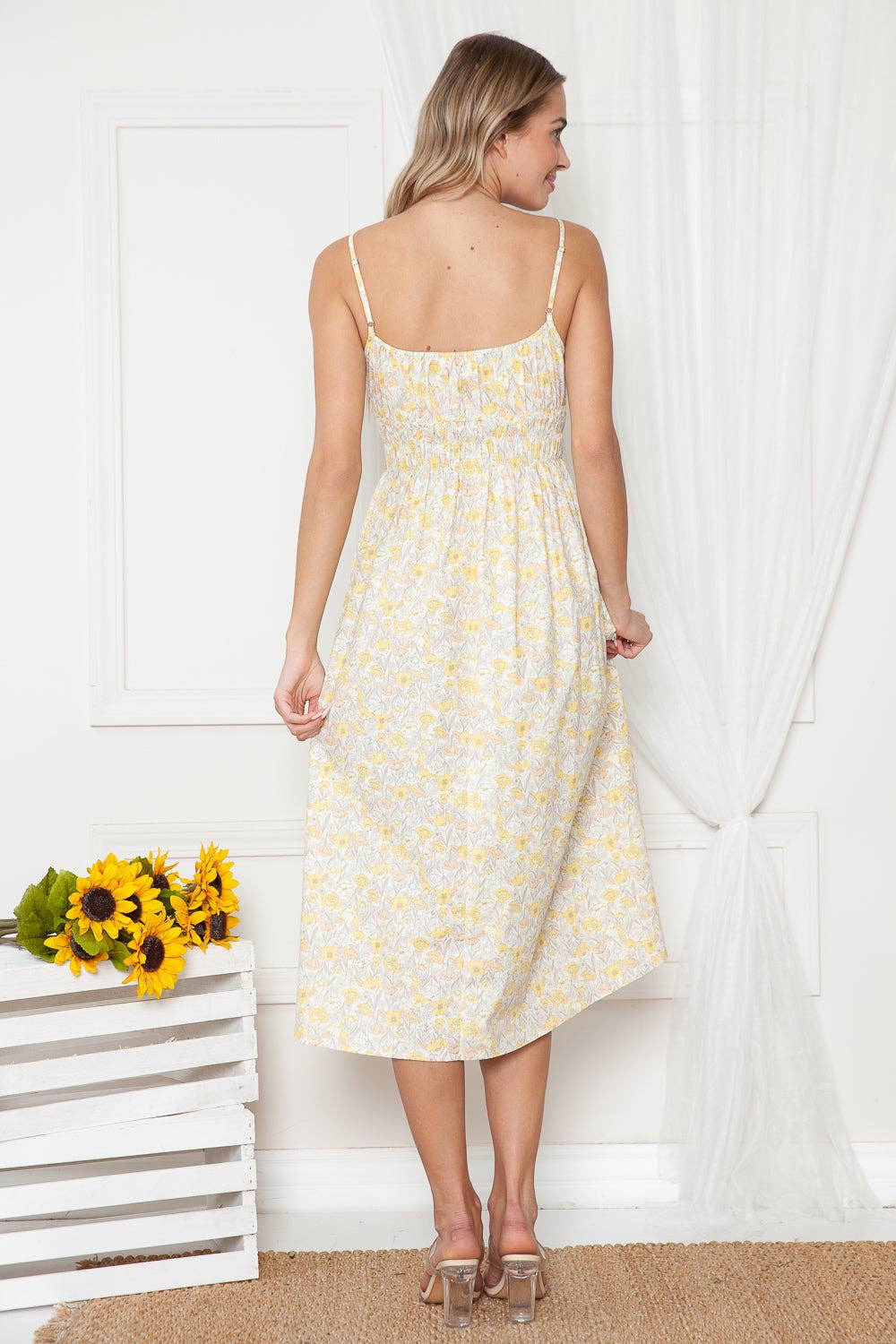 Yellow Poppies Print Olivia Sleeveless Midi Dress