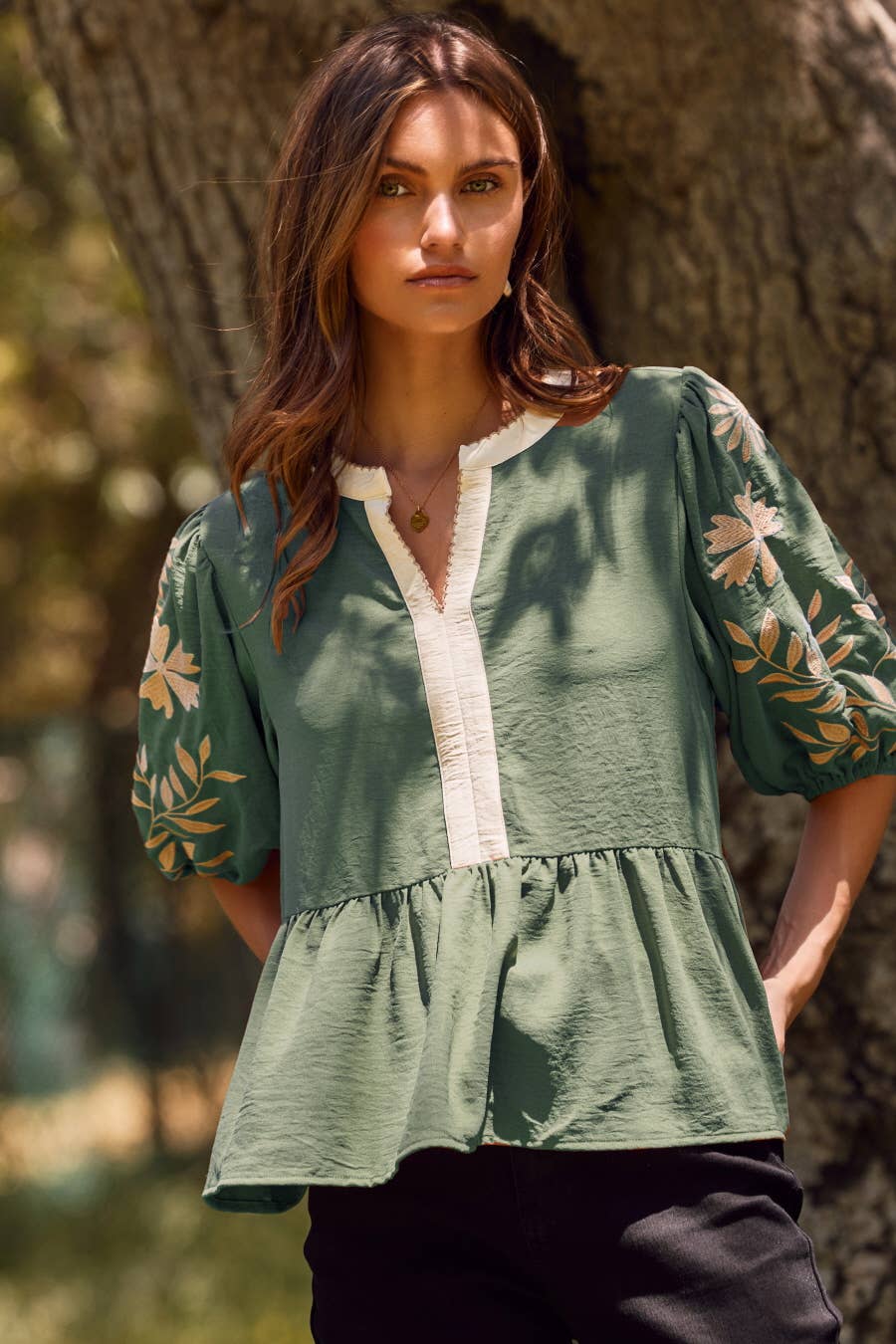 Solid Airflow Peplum Blouse : Basil Green
