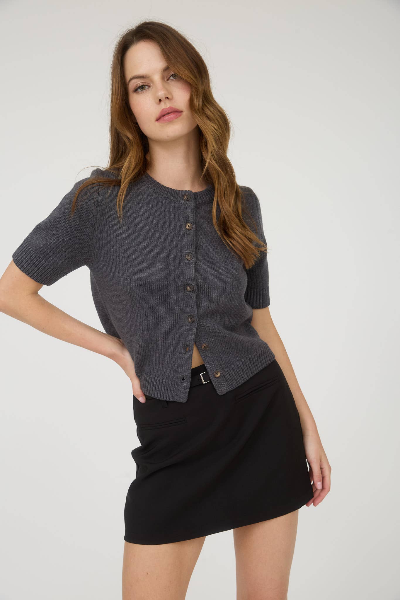 Allison Short Sleeve Knit Cardigan Top: Dark Grey