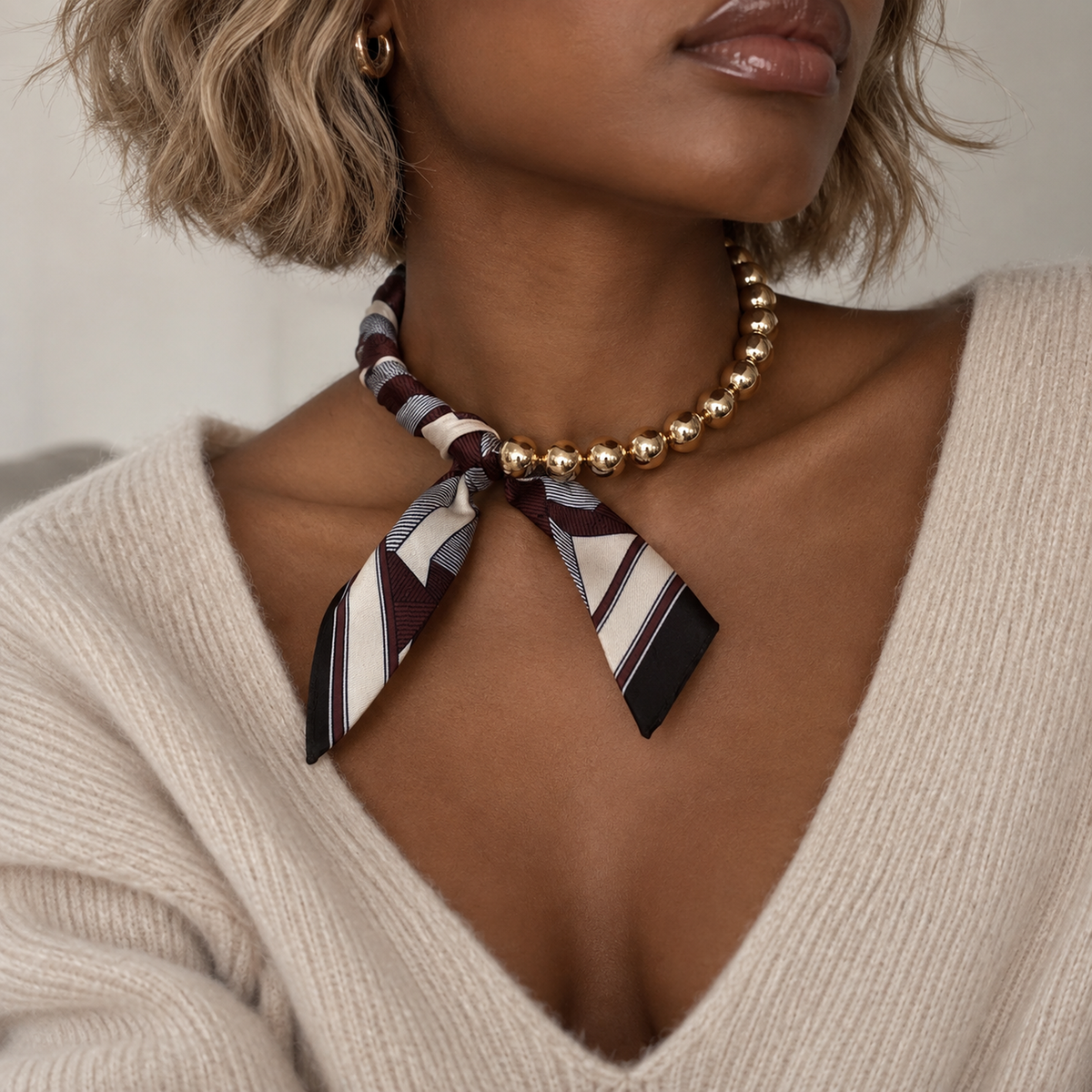 Golden Bead Scarf-Tie Necklace: Brown