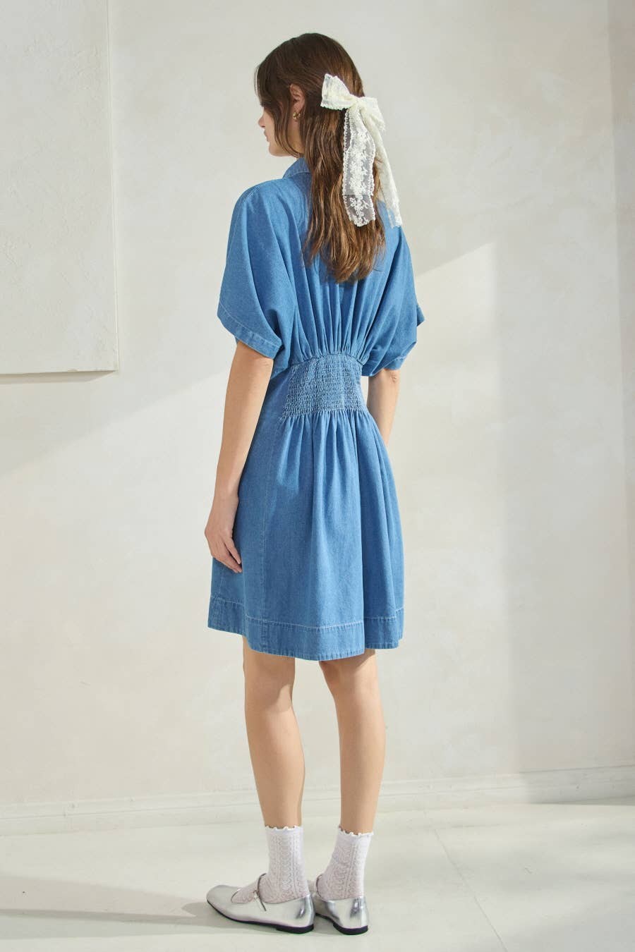 Washed Denim Short Sleeve Shirt Mini Dress : Washed Denim