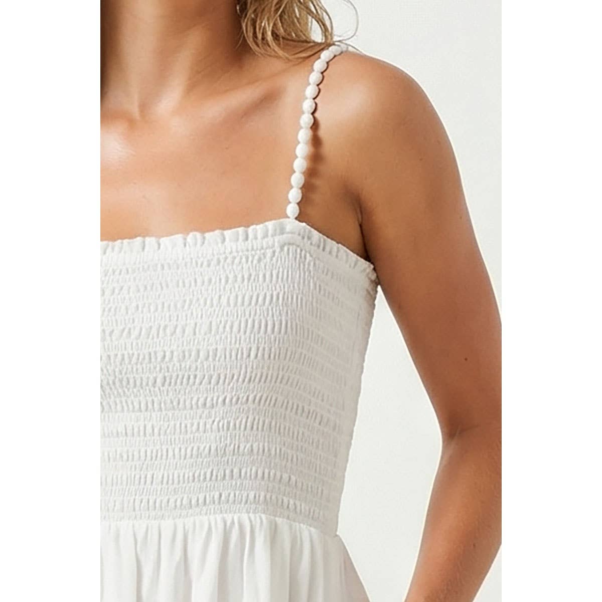 Pom Pom Smocking Maxi Dress: Off White