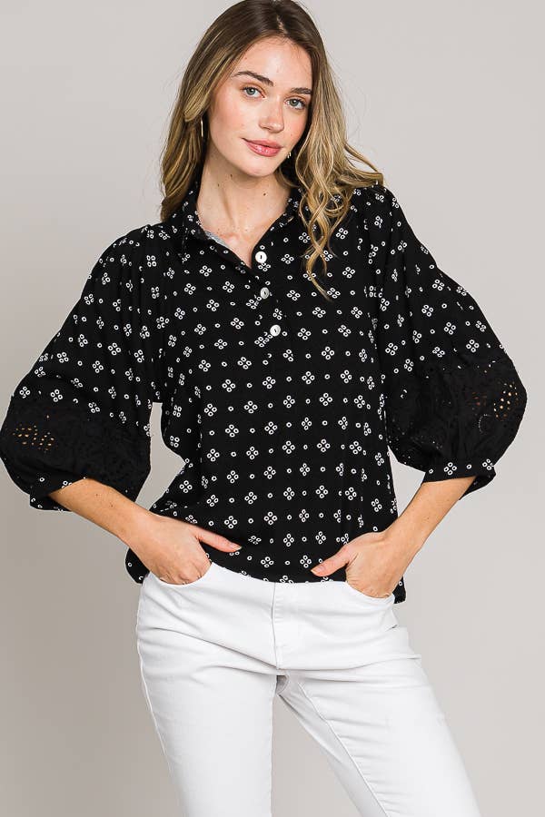 Esme Bracelet Sleeve with Eyelet lace trim blouse: Black