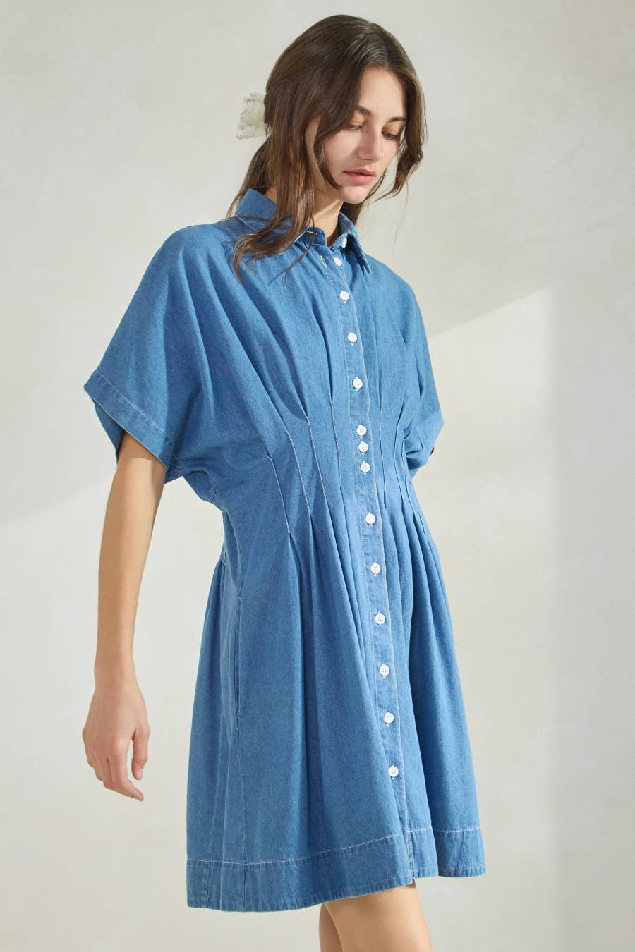 Washed Denim Short Sleeve Shirt Mini Dress : Washed Denim