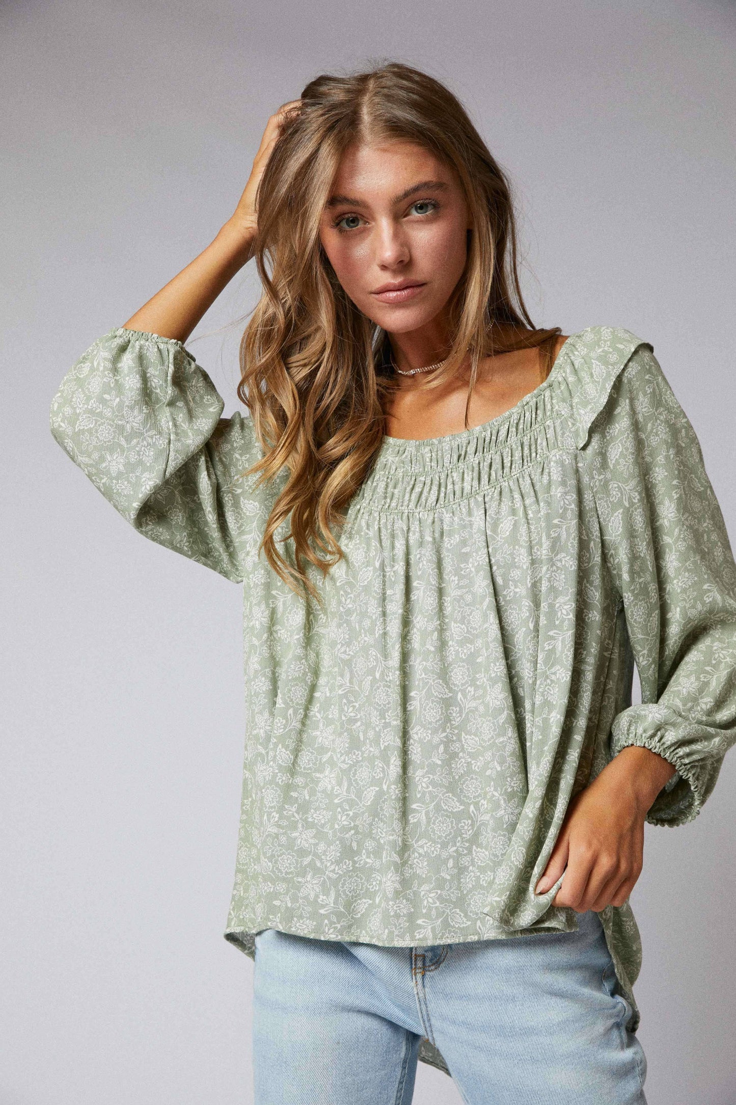 Sagebrush 3/4 Sleeves Ruffle Peasant Hi Low Top
