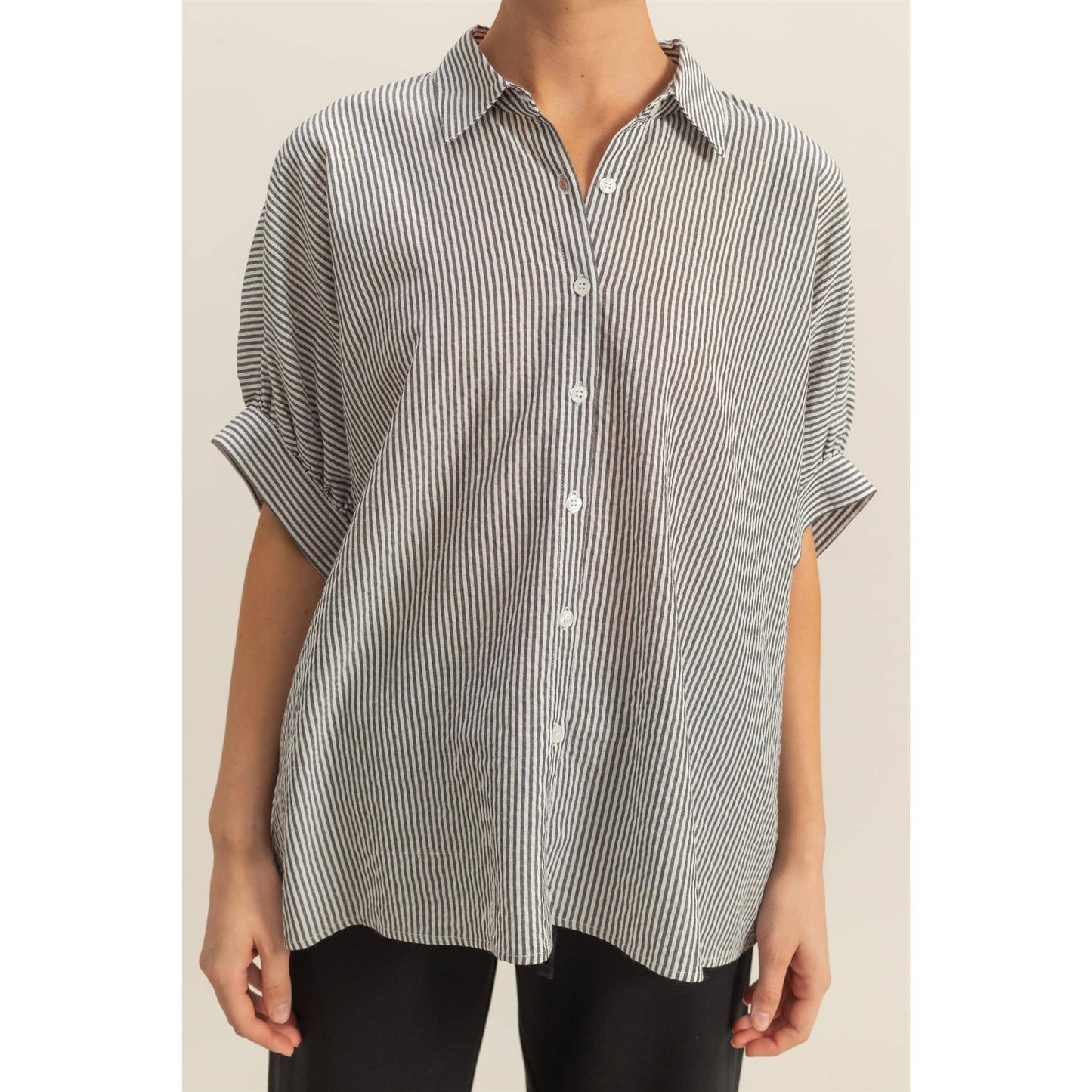 Blackjack Drop Shoulder Striped Button Down Shirt: BLACK/WHITE