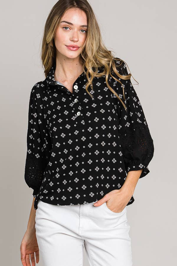 Esme Bracelet Sleeve with Eyelet lace trim blouse: Black