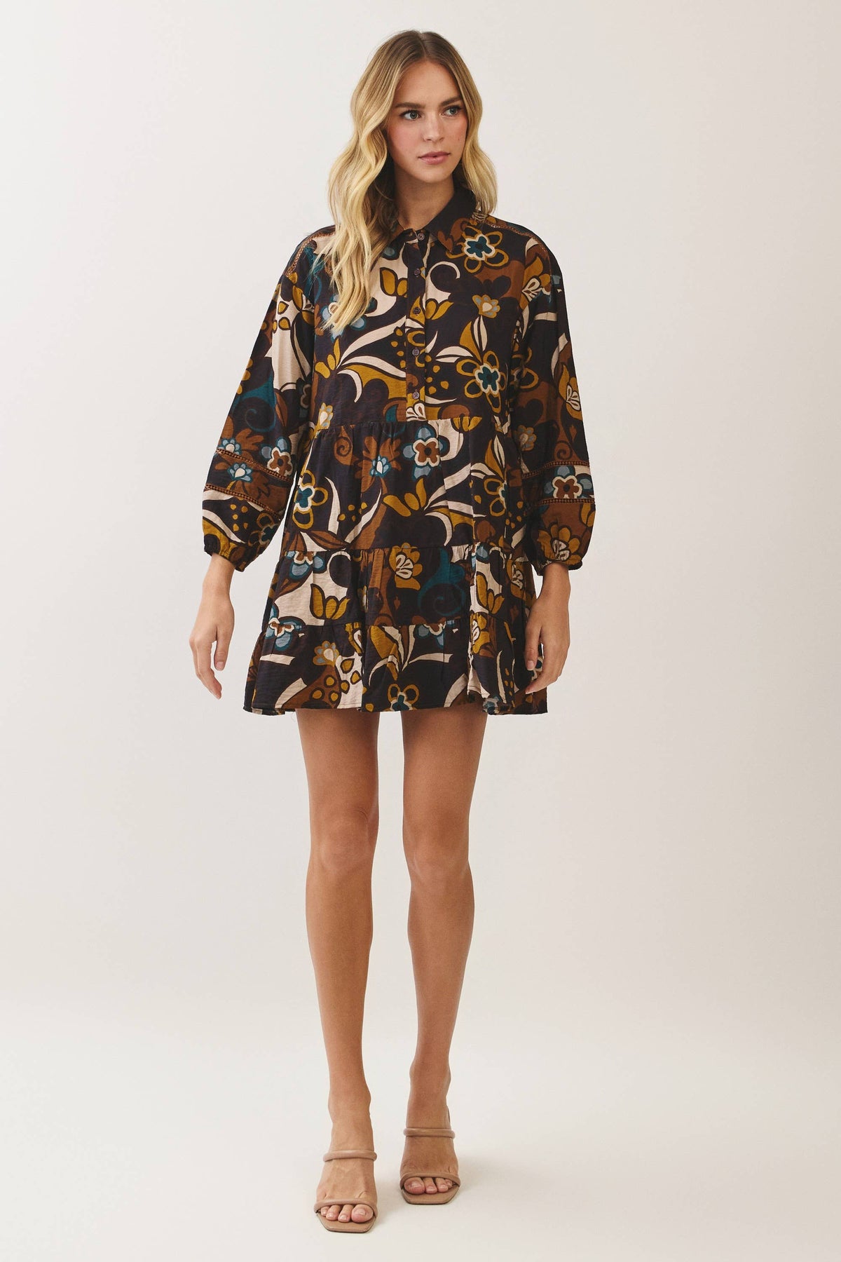 Trudy Retro Floral Tiered Shirt Dress: Multi