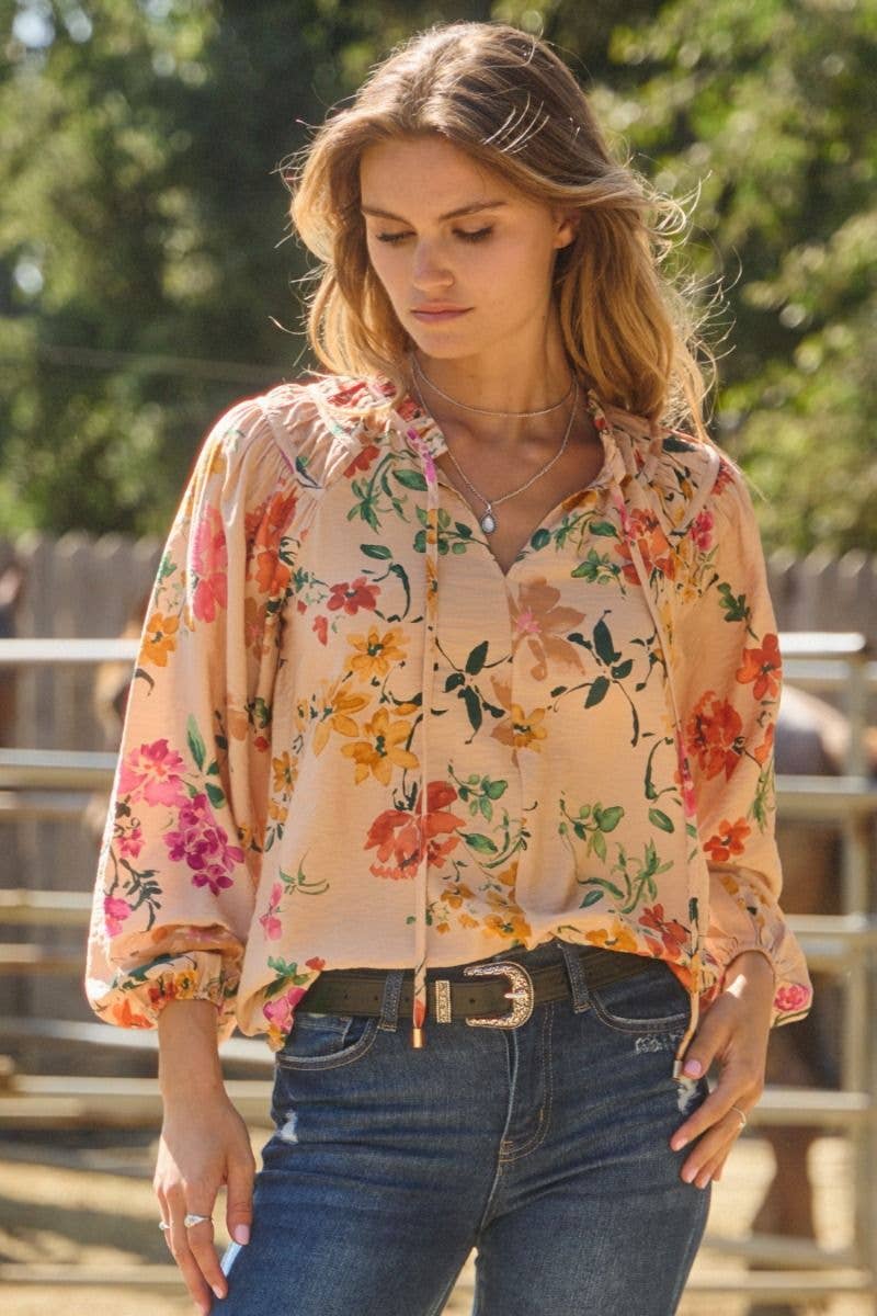 Floral Printed Long Sleeve Blouse: Black Multi